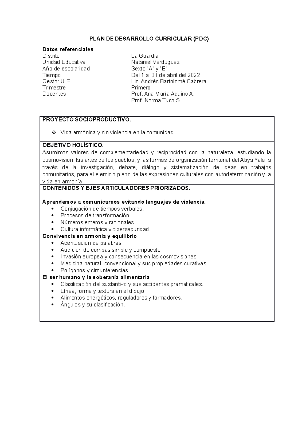 PDC-1-1 TRIM - Plan de Desarrollo Curricular para Sexto "A" y "B" - Studocu