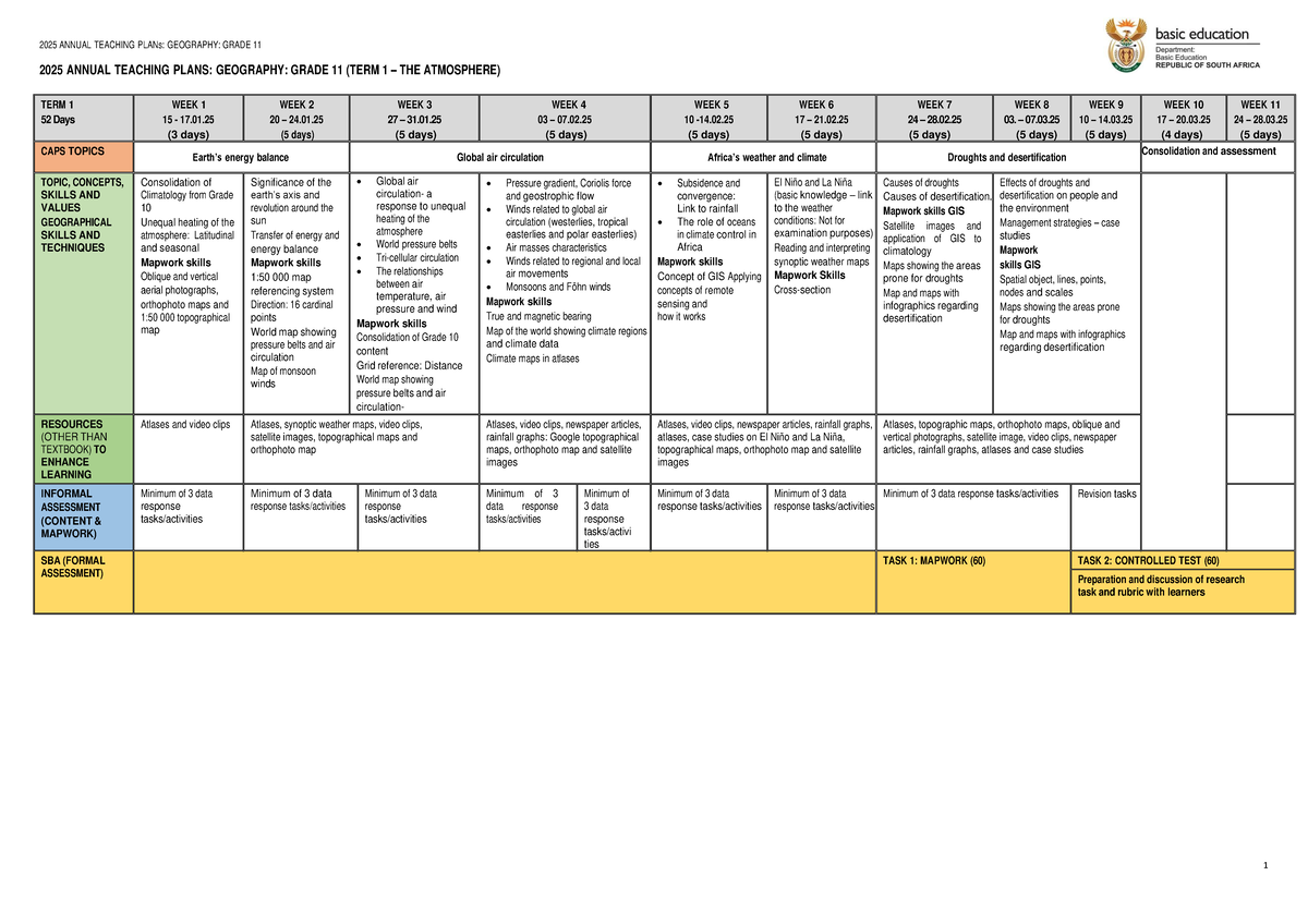 2025 Gr 11 Geo Final Exam - Comprehensive Annual Teaching Plan - Studocu