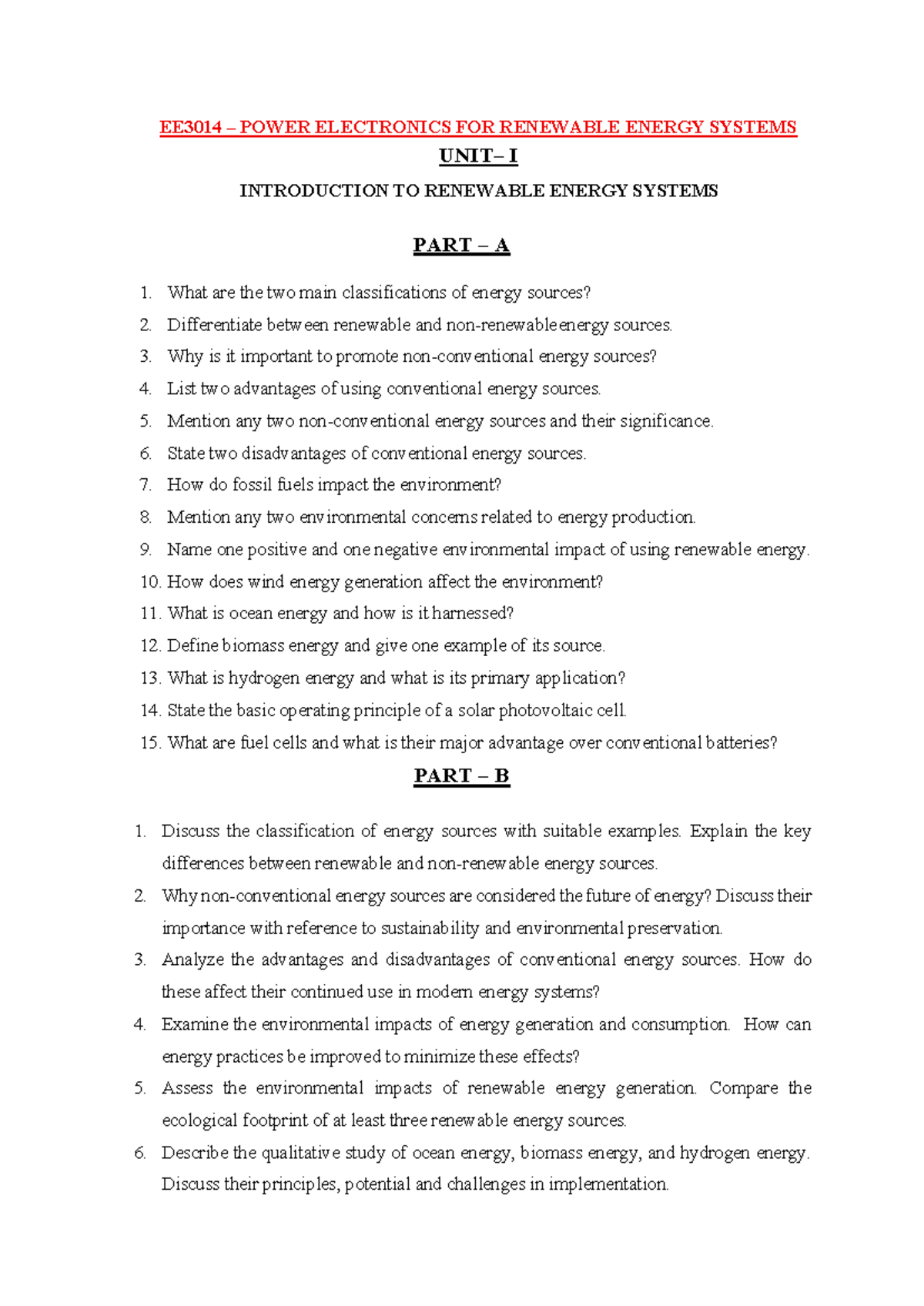 EE3014 Important Questions on Power Electronics for Renewable Energy ...