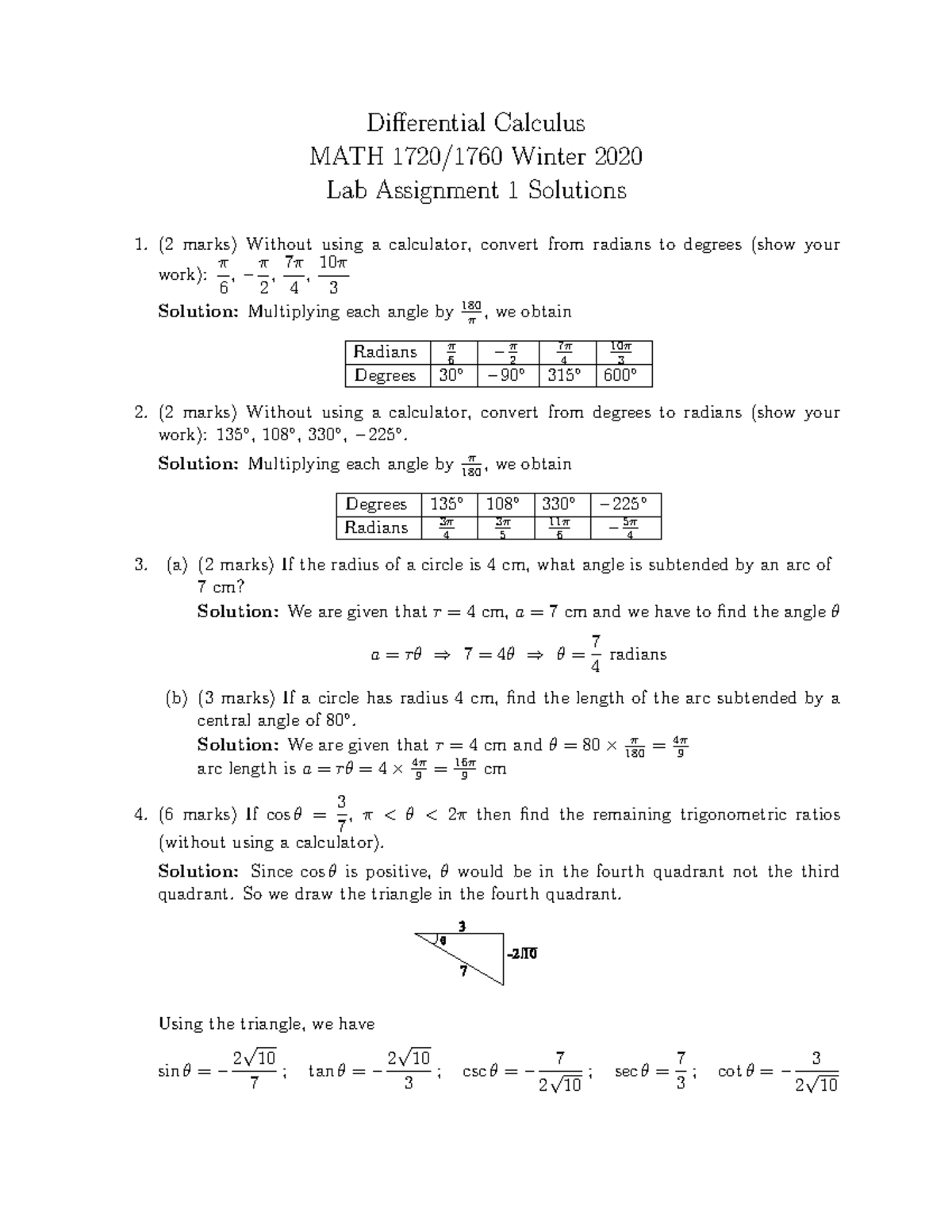 Lab 1 solution - Assumed - Differential Calculus MATH 1720/1760 Winter ...