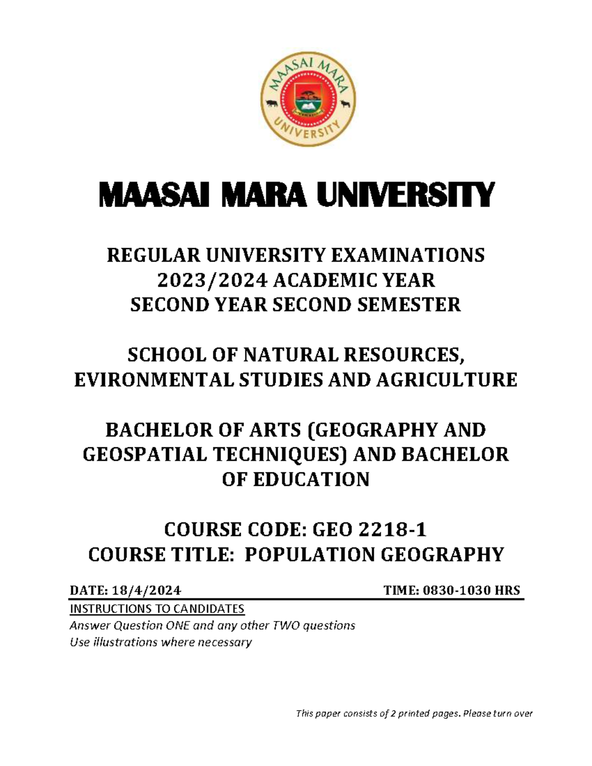 GEO 2218-1: Population Geography Past Exam Paper - Studocu