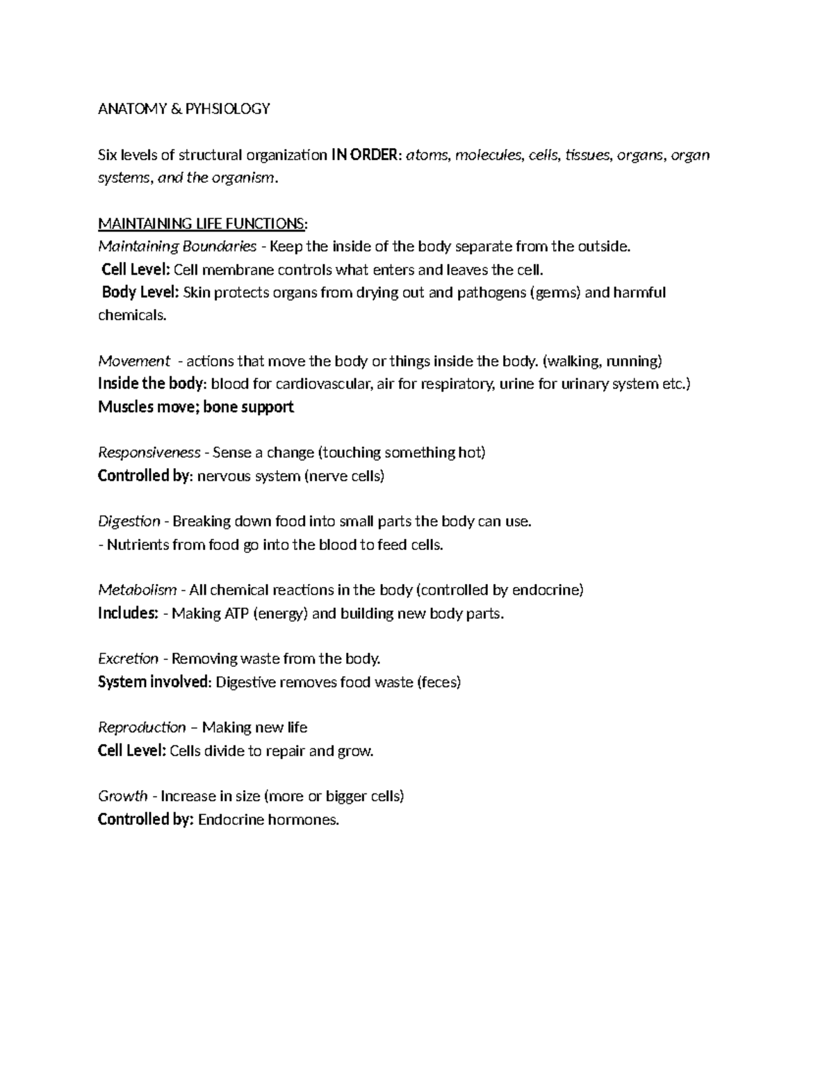 ANAT 101 Final Exam Study Guide: Structural Organization & Homeostasis ...