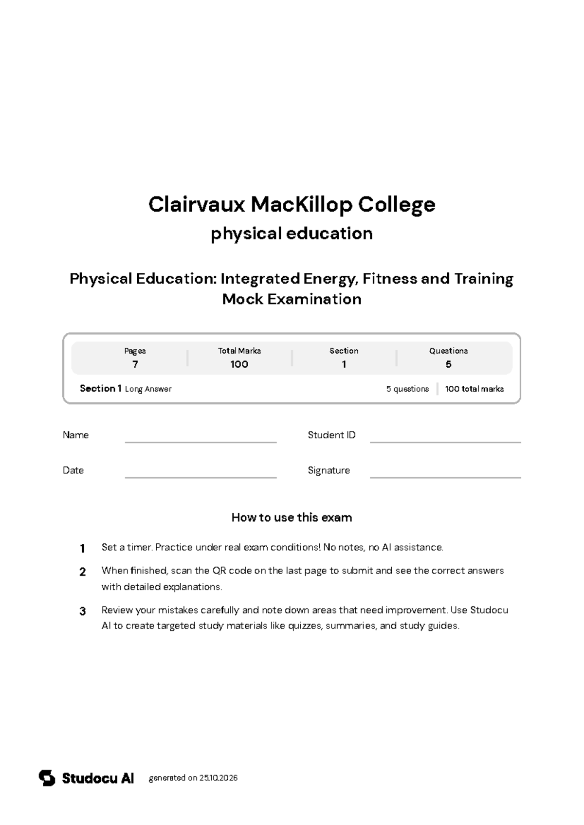 Physical Education Mock Exam: Energy & Fitness Systems - Studocu