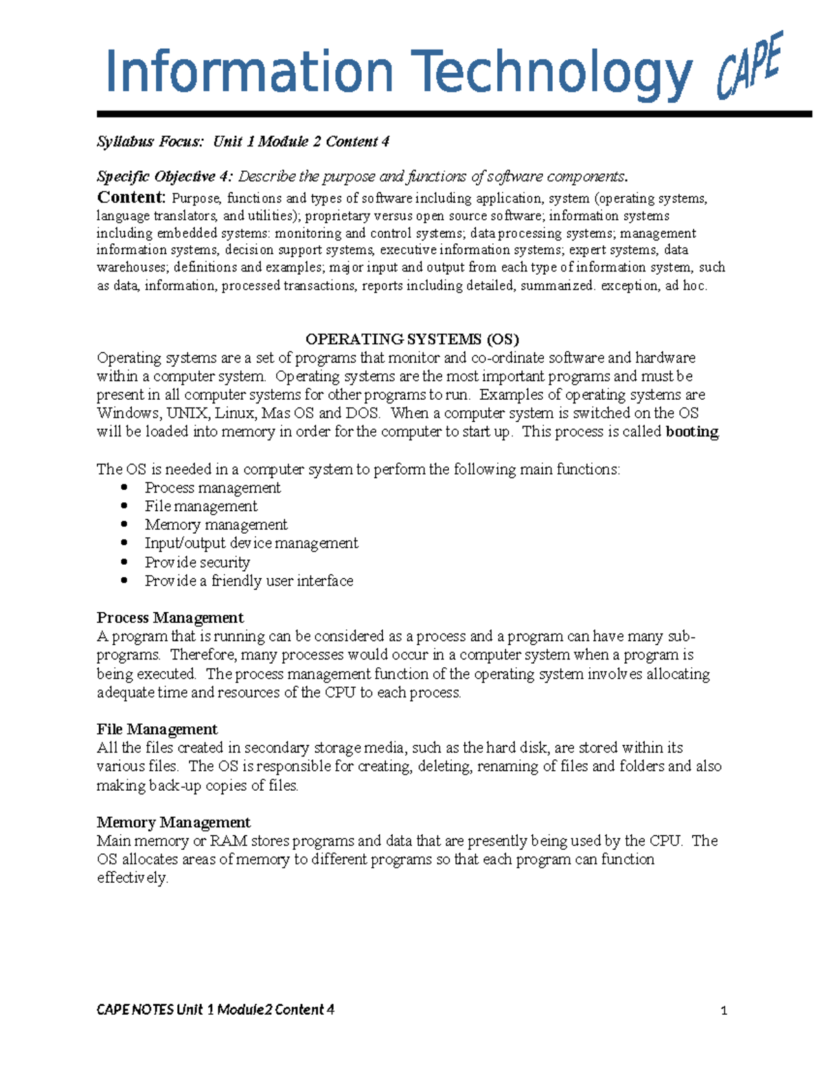 CAPE Notes: Unit 1 Module 2 - Software Components & Functions - Studocu