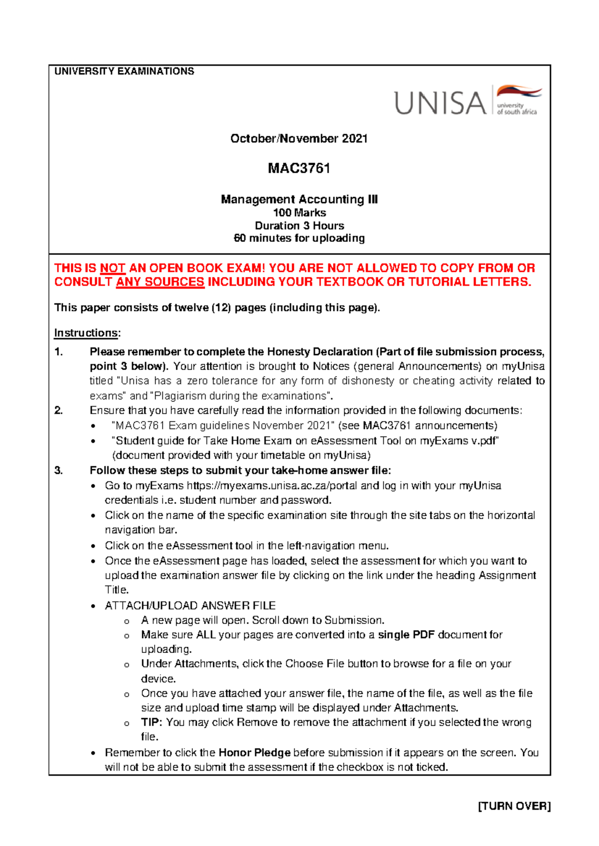 MAC3761 Management Accounting III Exam Question Paper Oct/Nov 2021 ...