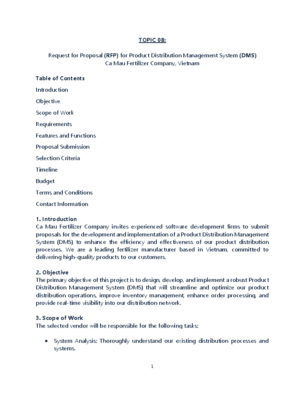 Topic 08-DMS: RFP for Product Distribution Management System - Studocu