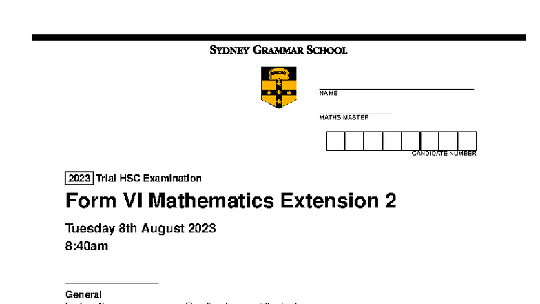 Form VI Mathematics Extension 2 Trial HSC Exam Questions 2023 - Studocu