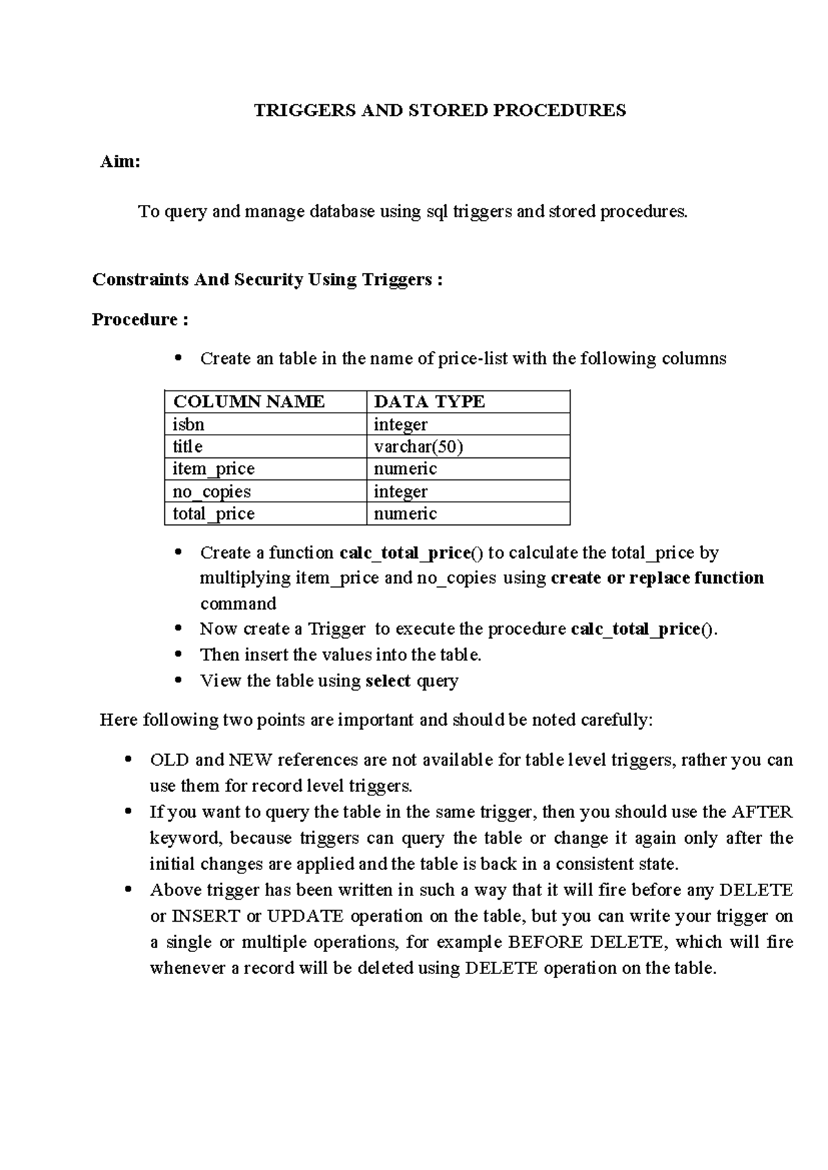 Exp5 - lab manual - TRIGGERS AND STORED PROCEDURES Aim: To query and ...