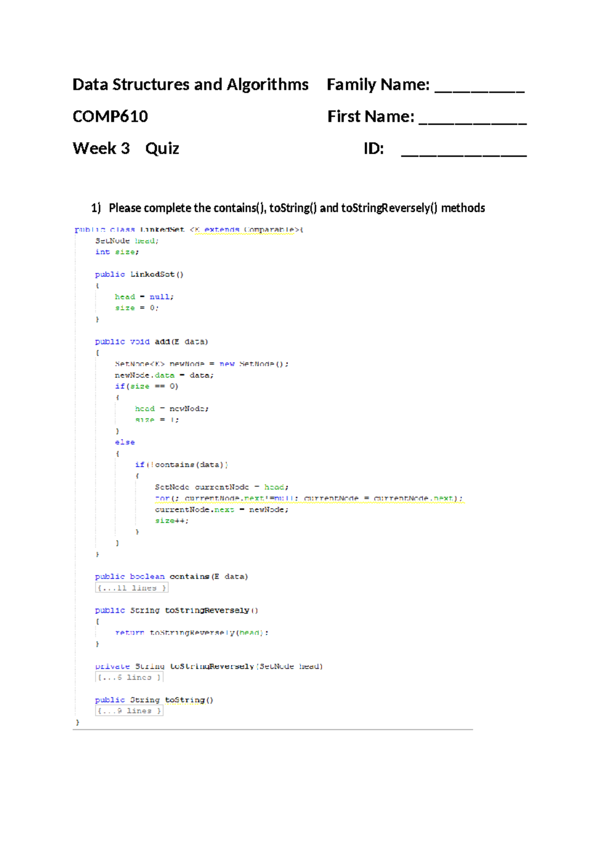 AUT 2024 COMP610 Data Structures and Algorithms Lab Week 3 Questions ...