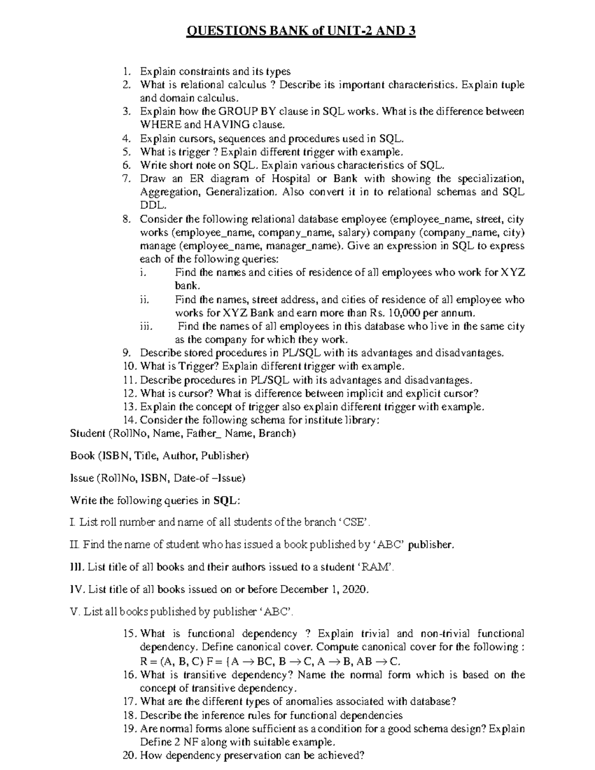 Questions Bank for Database Concepts - UNIT 2 & 3 - Studocu