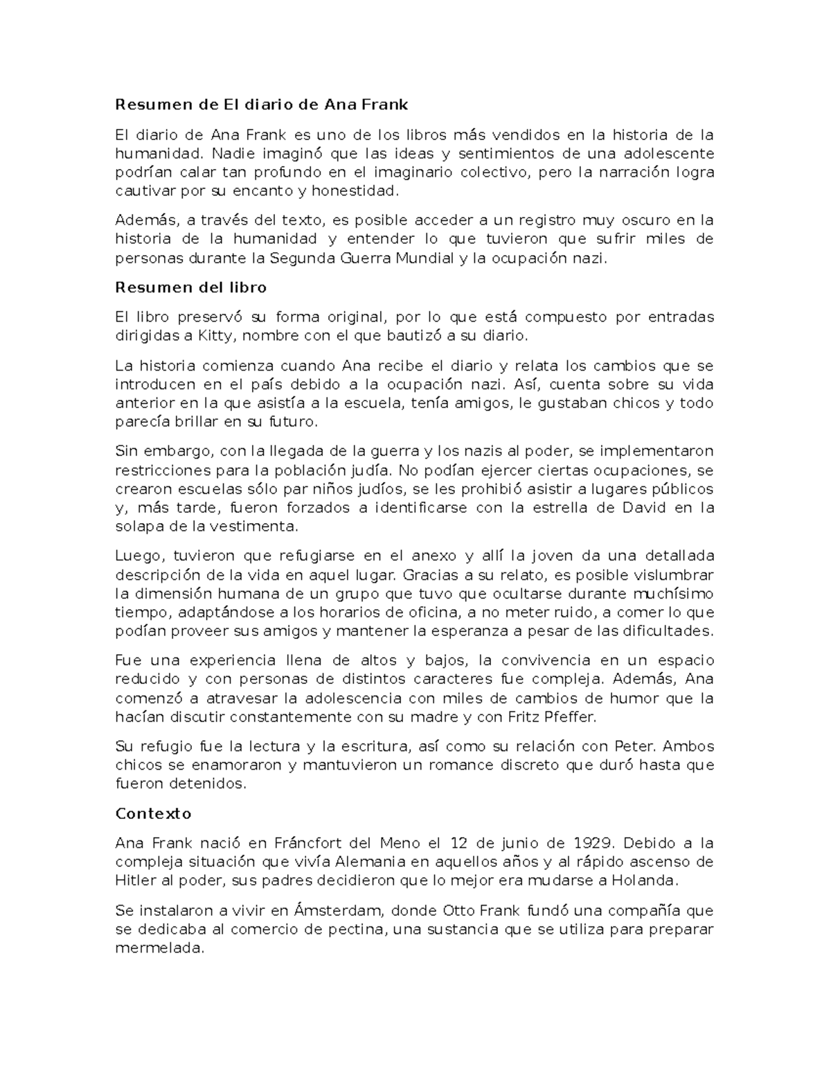 Resumen del libro "El diario de Ana Frank" - Análisis y Contexto - Studocu