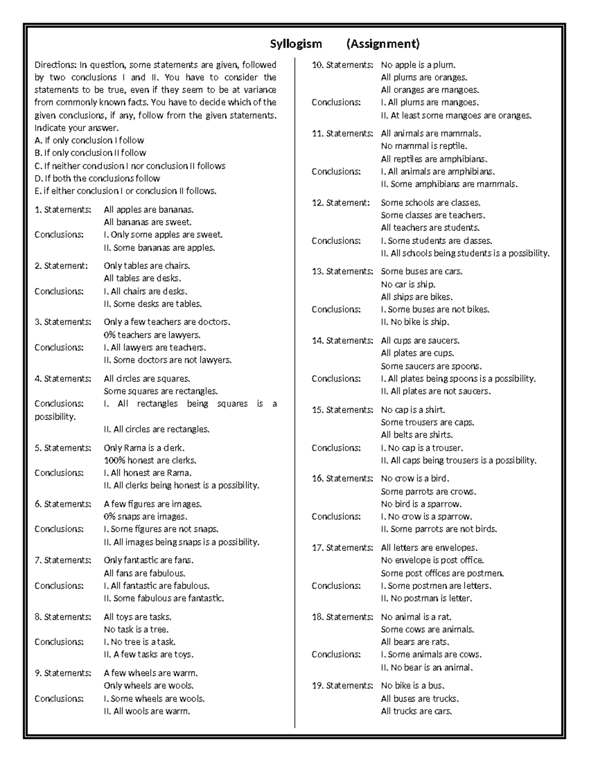 Assignment Syllogism: Analyzing Conclusions from Statements - Studocu