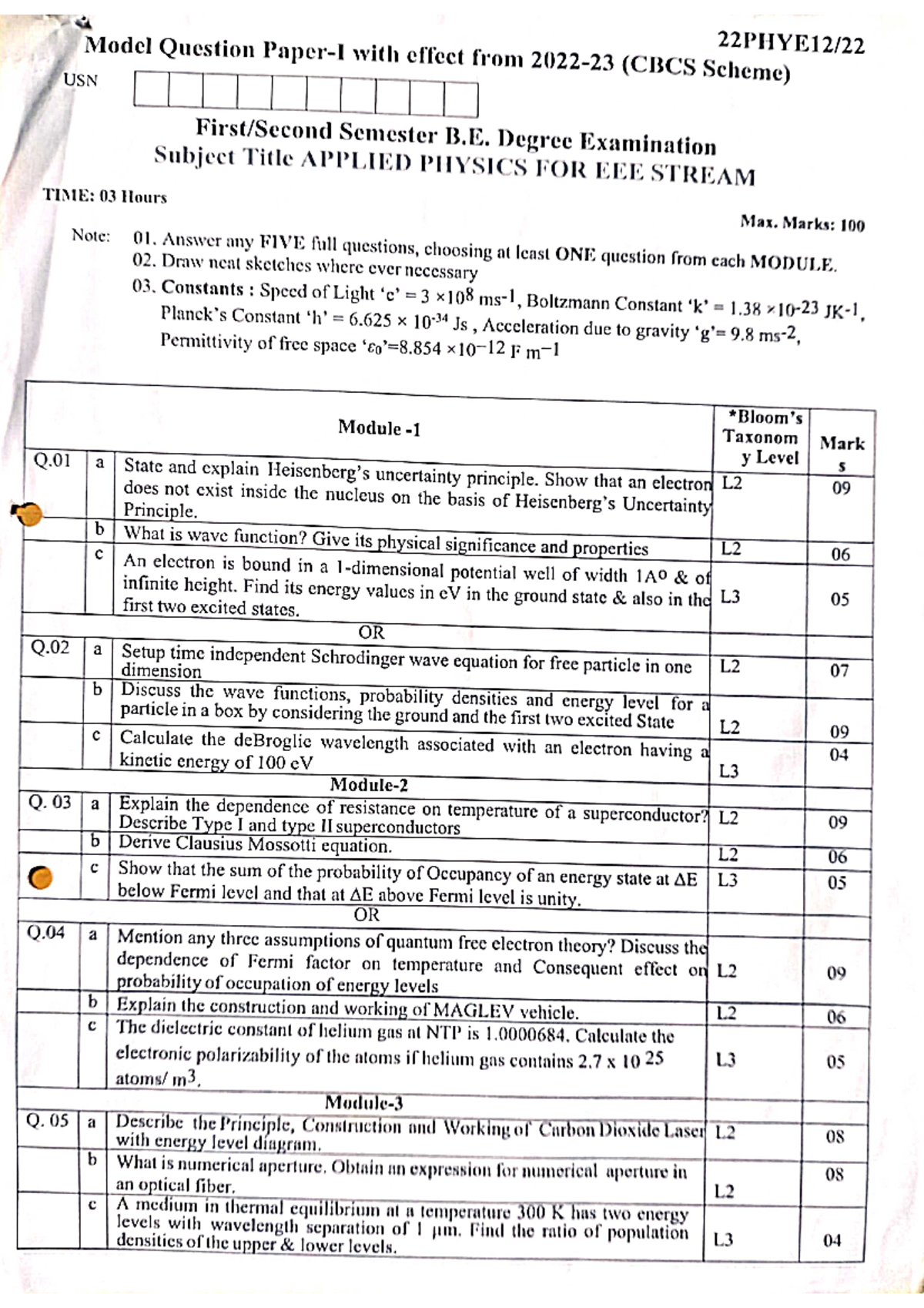 Model question paper Bphye 202-1 - Engineering Physics for VTU - Studocu