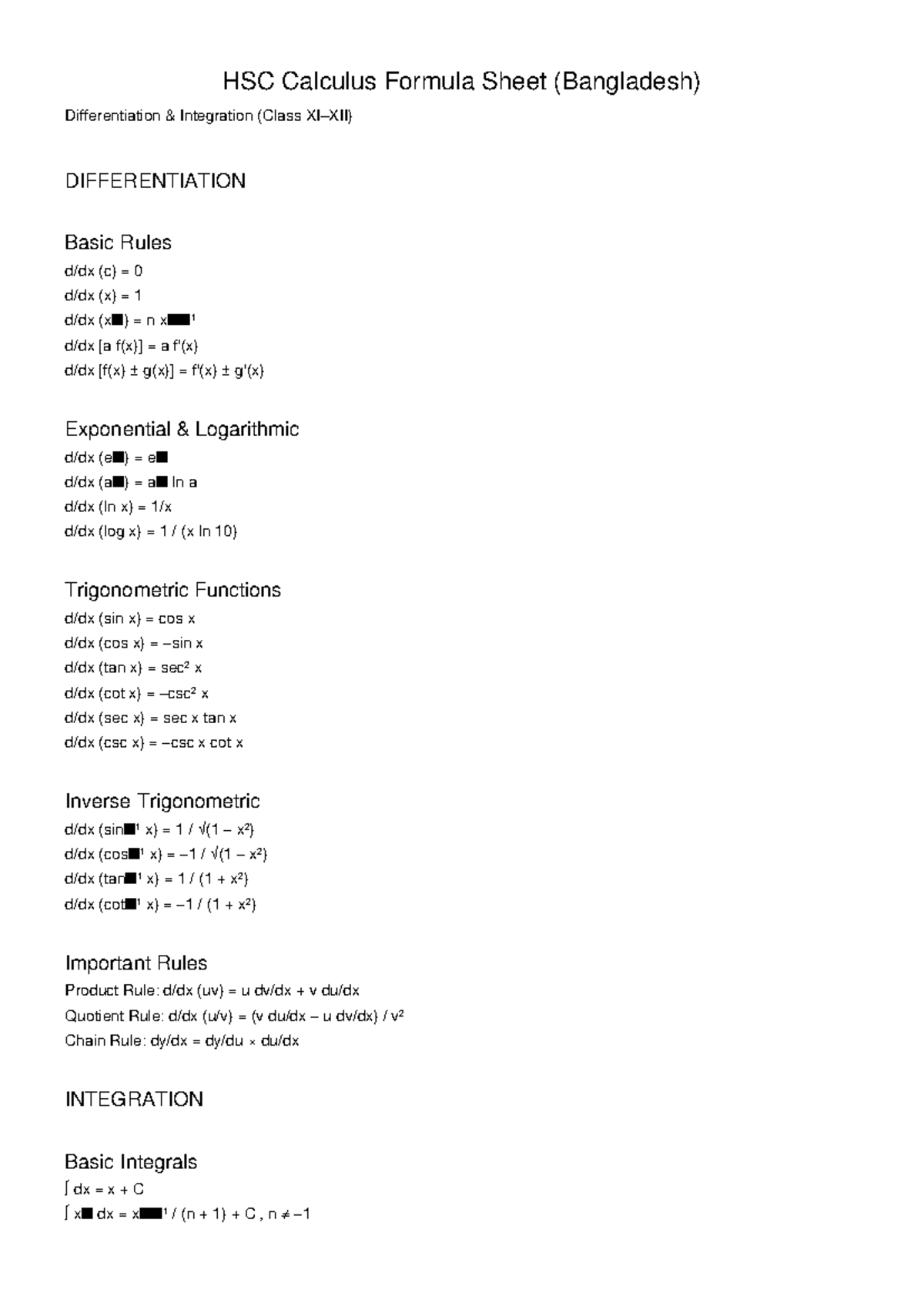 HSC Calculus Formula Sheet: Differentiation & Integration Guide - Studocu