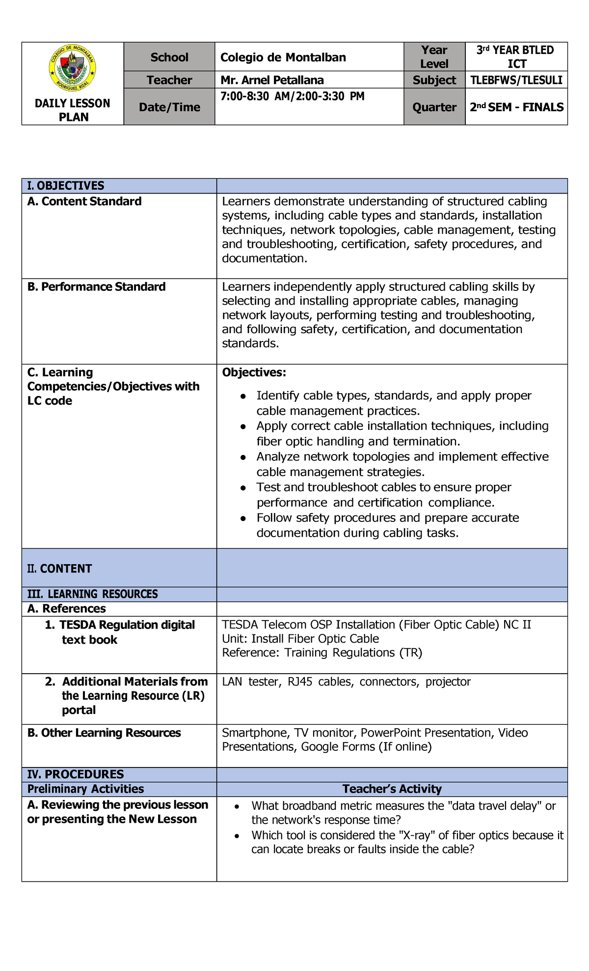 DAILY LESSON PLAN: Structured Cabling Systems - 3rd Year BTLED ICT ...