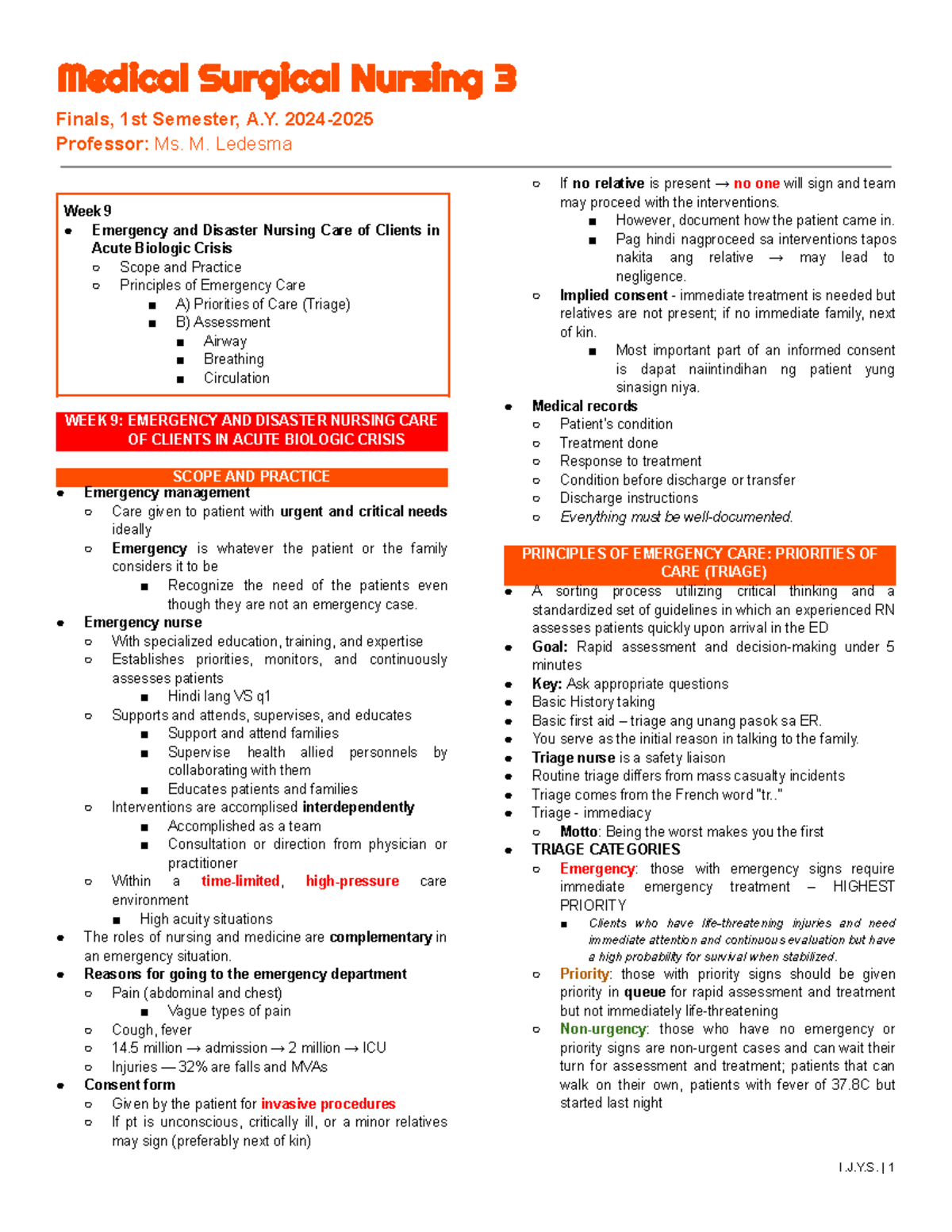 M.S.N. 3 Finals: Week 9 & 10 Emergency & Disaster Nursing Care - Studocu