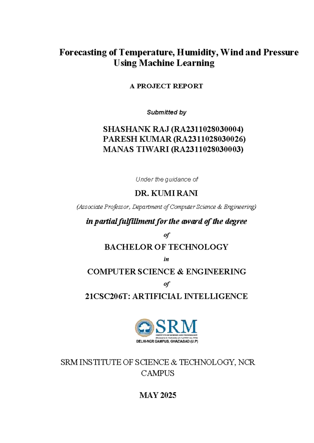 AI Report for 2024: Weather Forecasting Using ML Techniques - Studocu