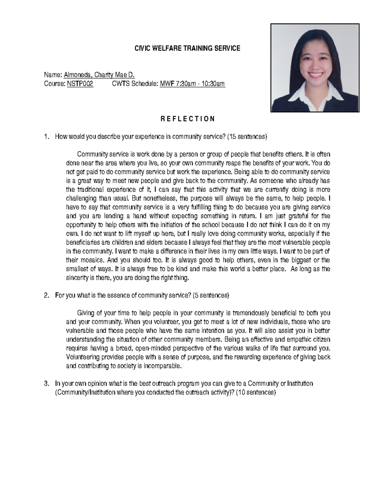 Reflection on Community Service Experience - NSTP002 CWTS - Studocu