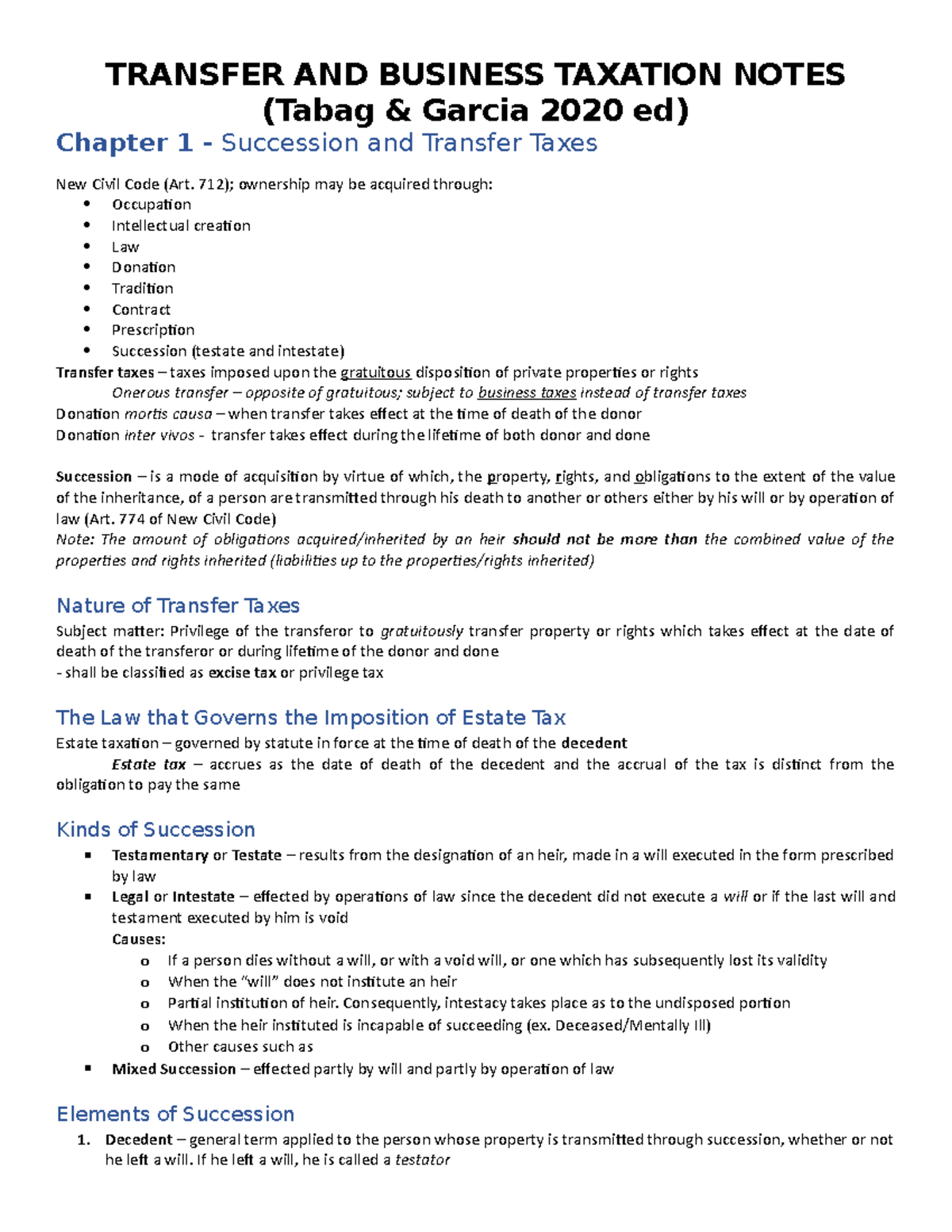 Chapter 1 - Notes on Succession & Transfer Taxes (Tabag & Garcia 2020 ...