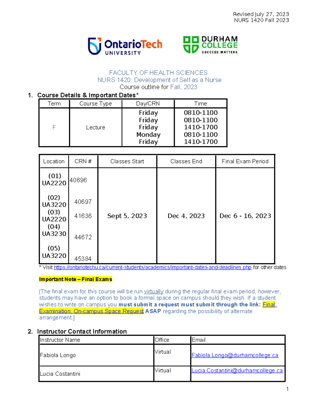 NURS 1420 Fall 2023 Course Outline: Development of Self as a Nurse ...