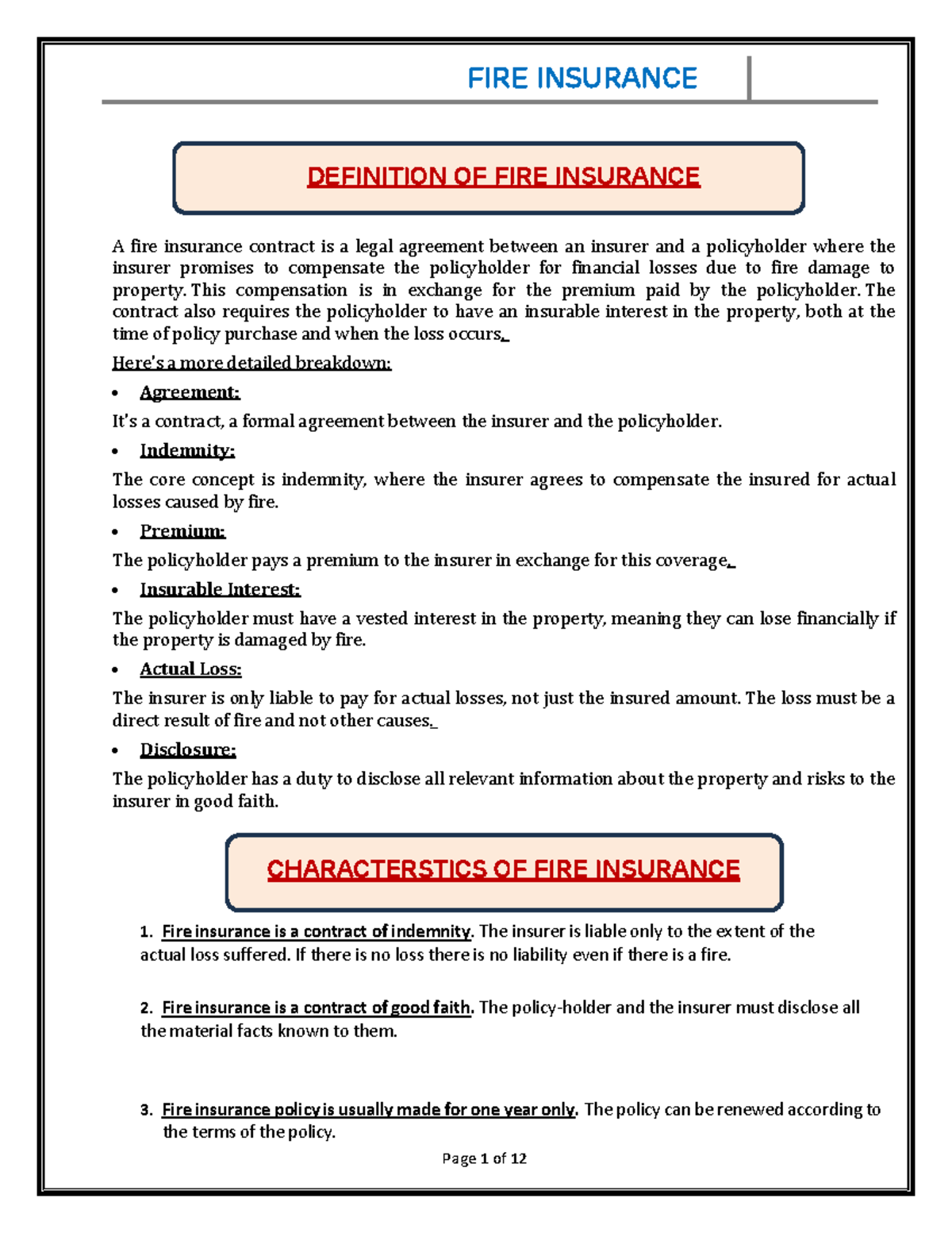 FIRE INSURANCE: Comprehensive Overview and Key Concepts for LLB - Studocu