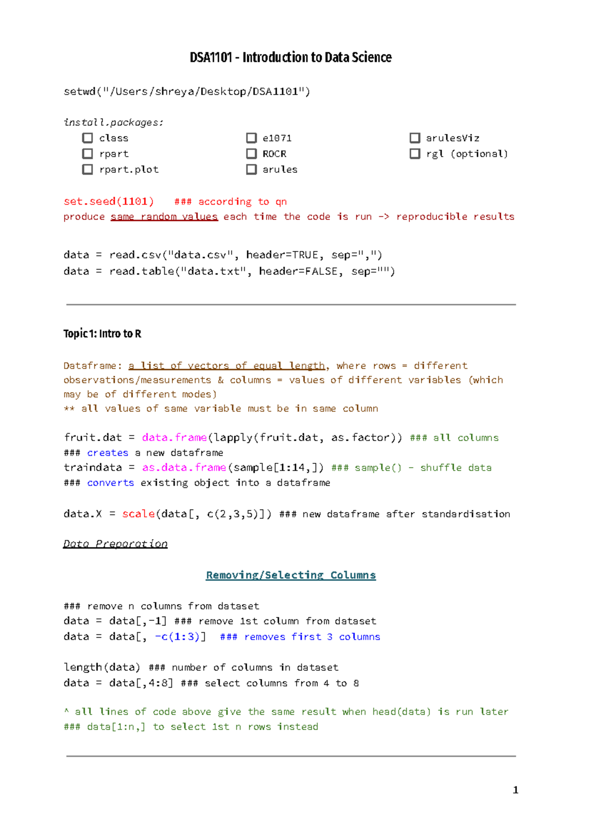 DSA1101 Midterm Cheatsheet: Data Science Concepts & R Code - Studocu