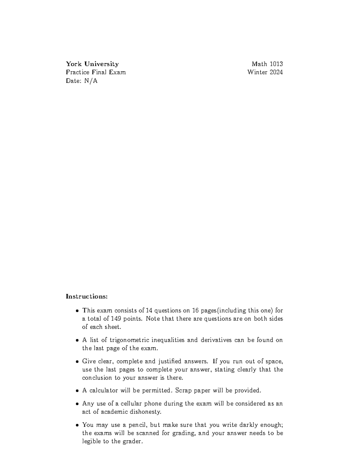MATH 1013 Practice Final Exam Guide - Winter 2024 - Studocu