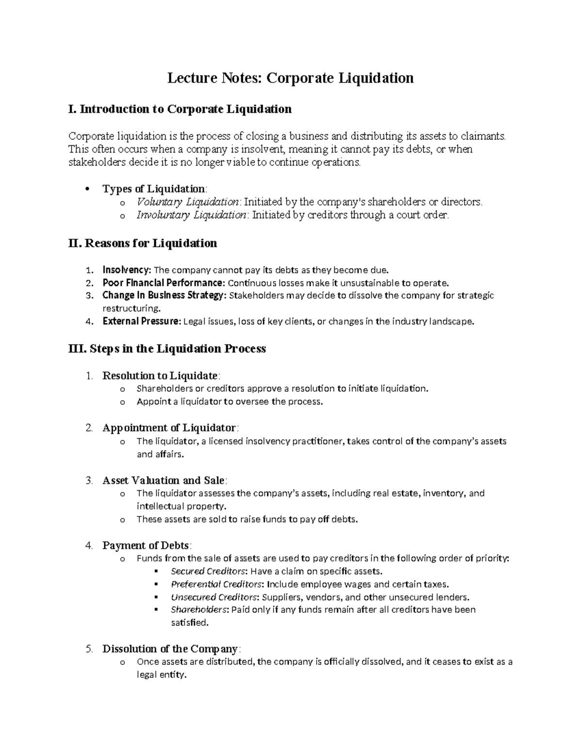 Lecture Notes on Corporate Liquidation: Process & Types - Studocu