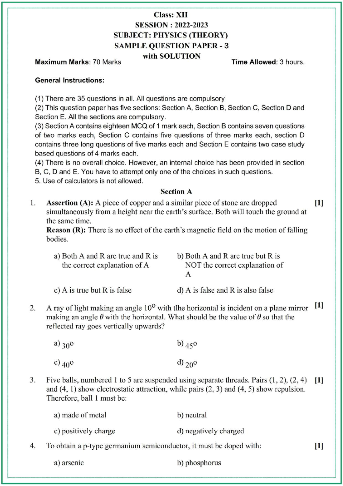 Sample Paper Physics - Class: XII SESSION SUBJECT: PHYSICS (THEORY ...