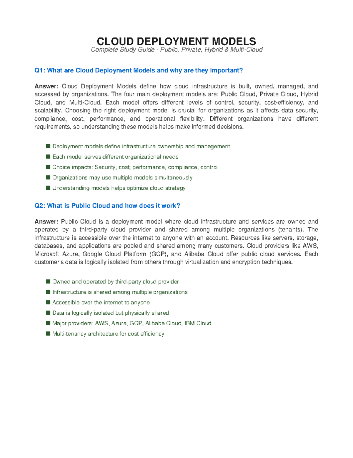 Cloud Deployment Models Q&A Study Guide: Public, Private, Hybrid - Studocu