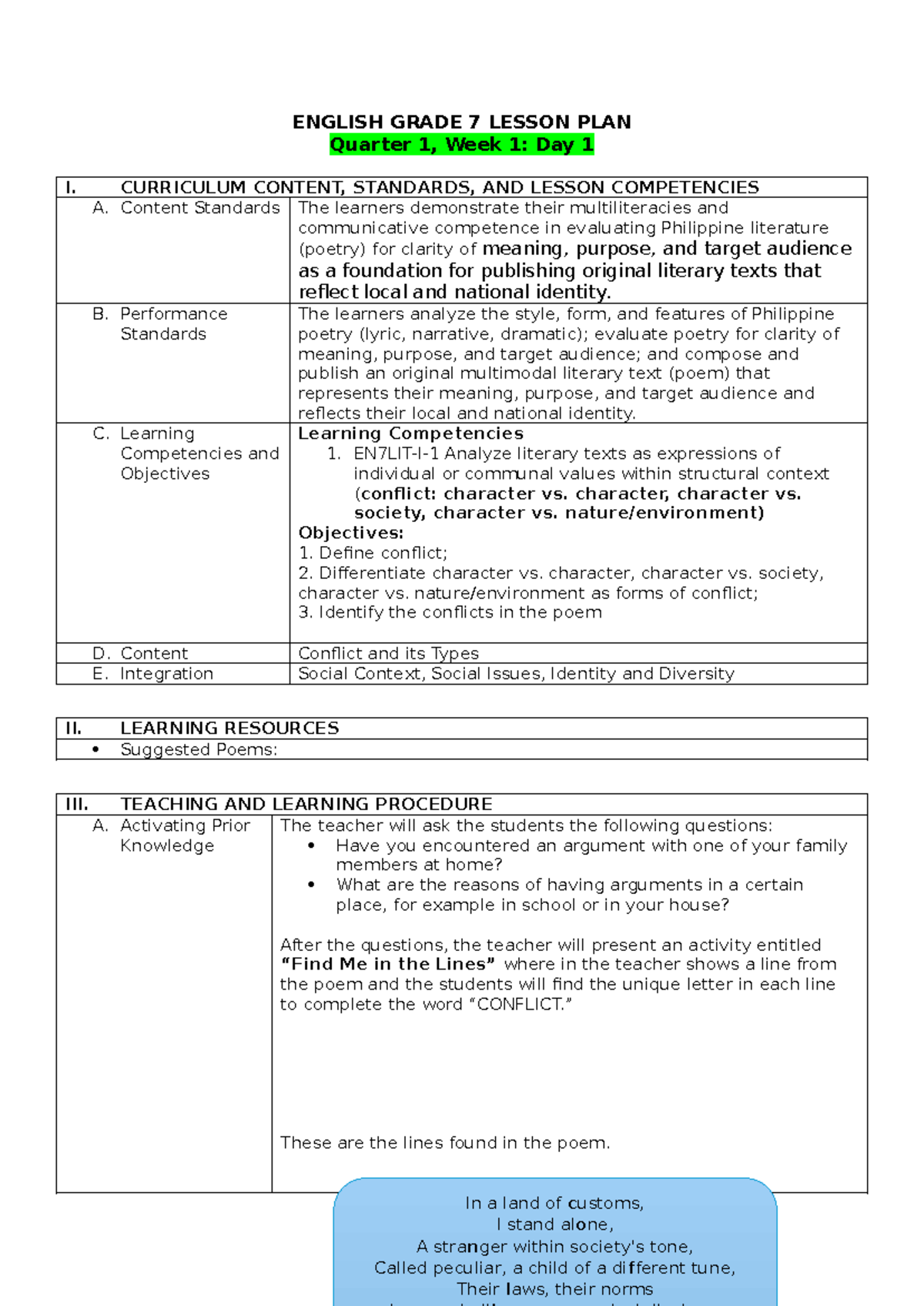 ENGLISH GRADE 7 LESSON PLAN: Quarter 1, Week 1 - Day 1 Activities - Studocu