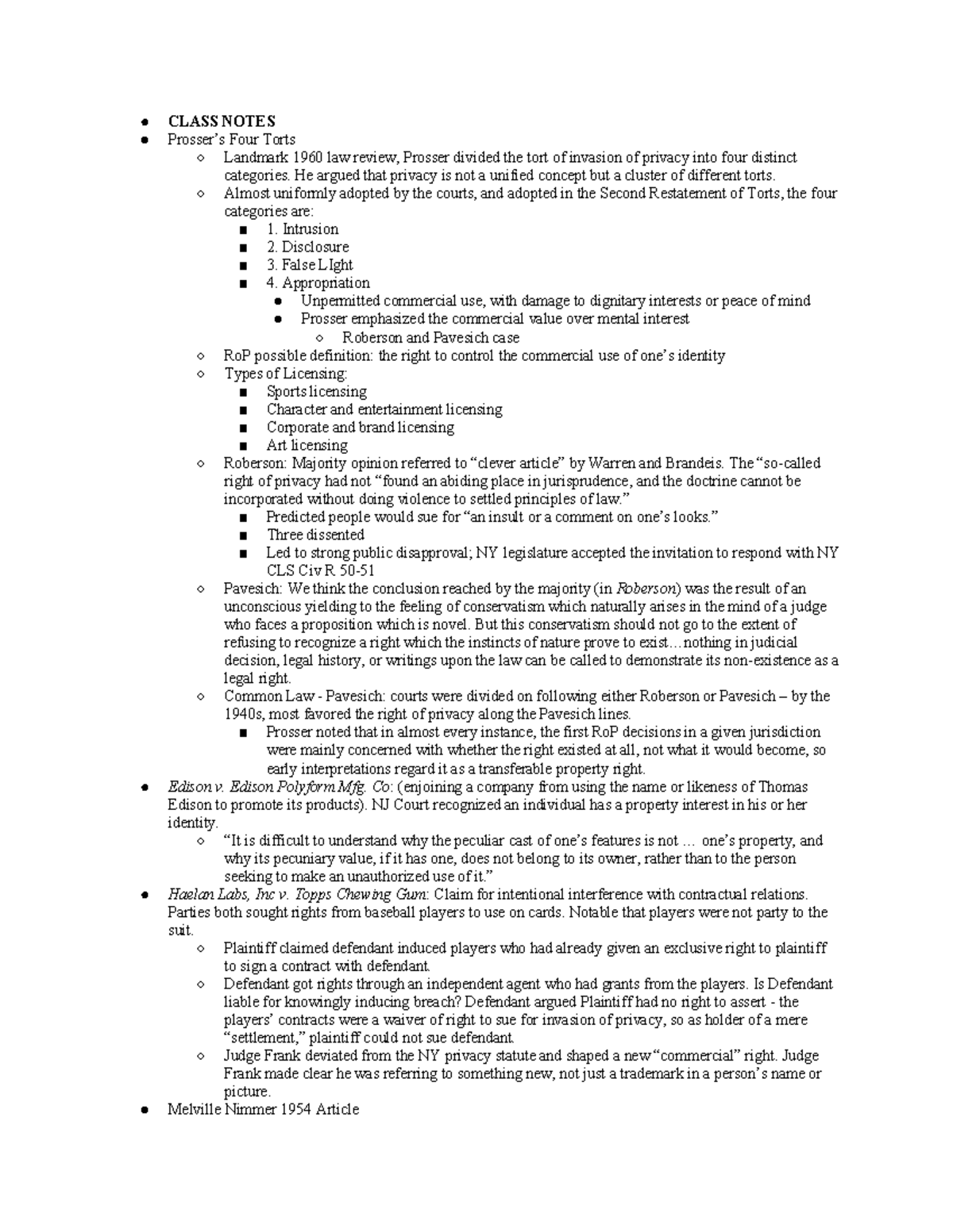 Final Exam Class Notes on Right of Publicity and Privacy Law (LAW 302 ...