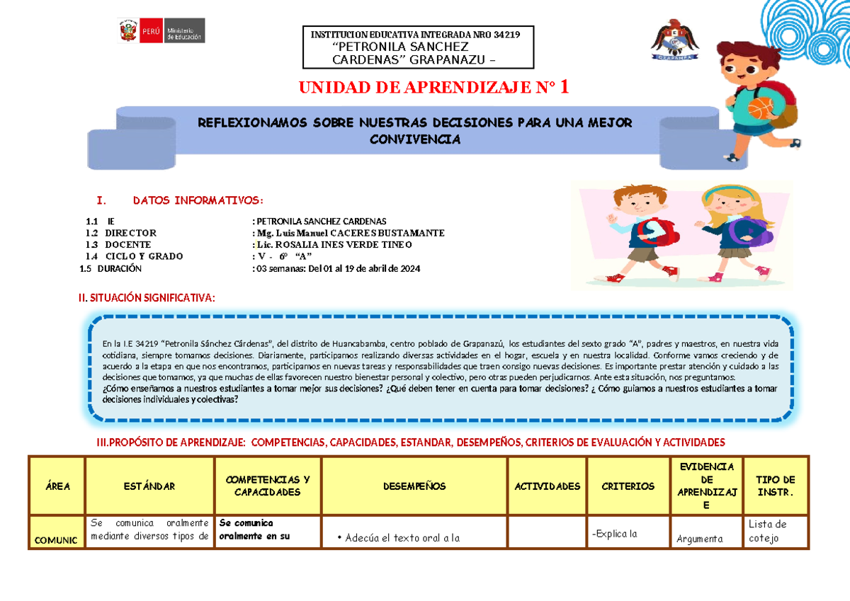 Unidad de Aprendizaje 01 - Abril 6to Grado "A" - I.E. Petronila Sánchez ...