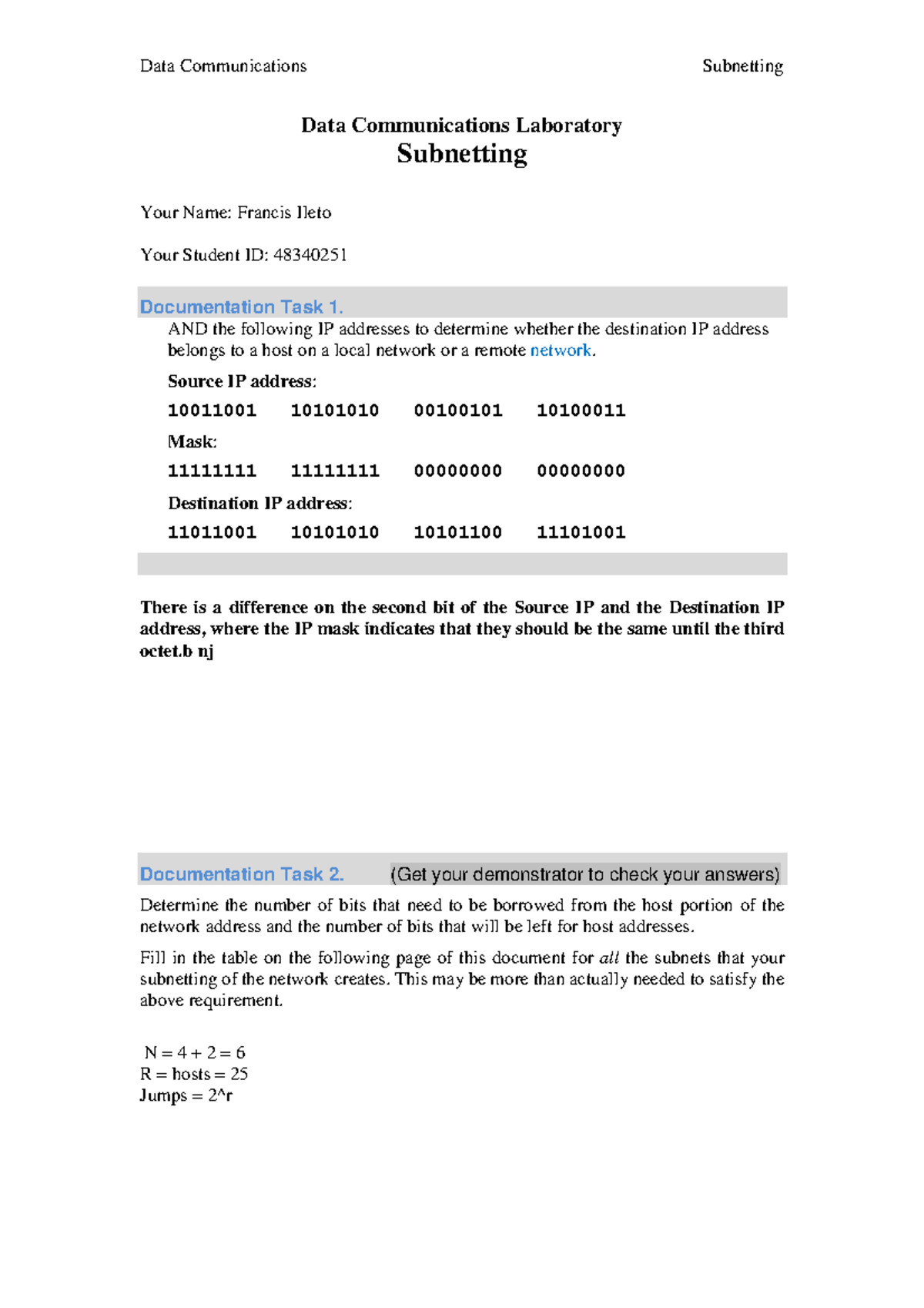 Practical - Subnetting - Documentation Template - Data Communications ...