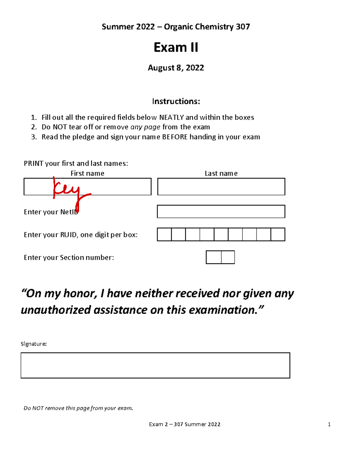 Organic Chemistry 307 Exam II Summer 2022 Answer Key - Studocu