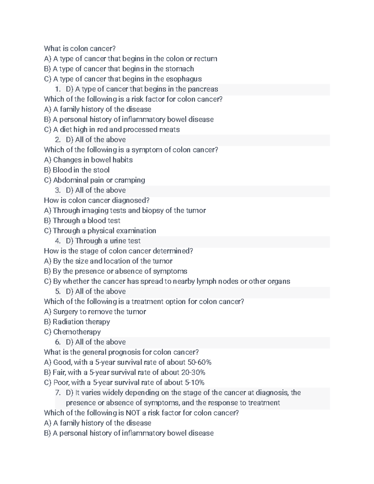 COL 101 Multiple Choice Questions on Colon Cancer Fundamentals - Studocu