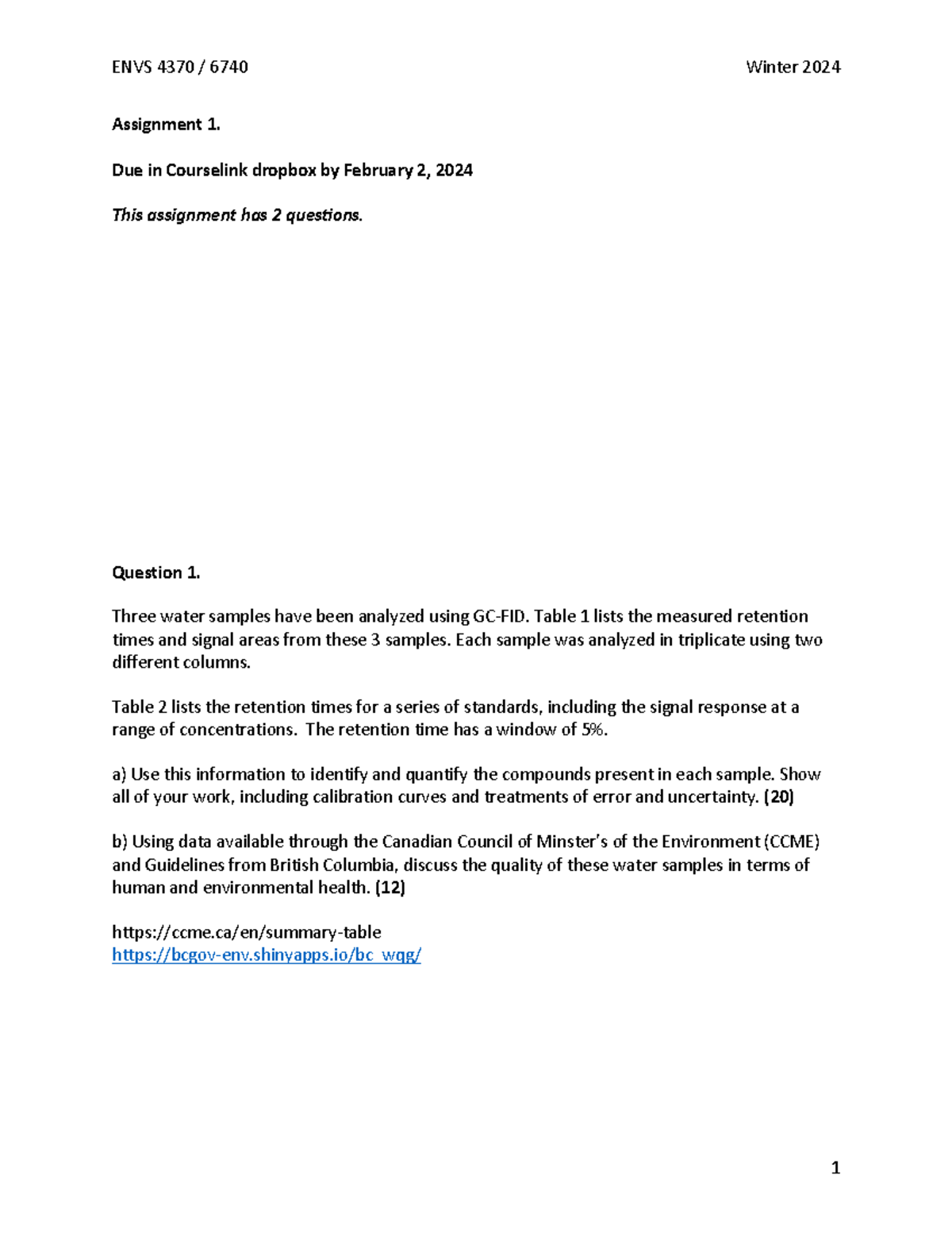 ENVS 4370 Assignment 1: Water & Soil Sample Analysis Report - Studocu