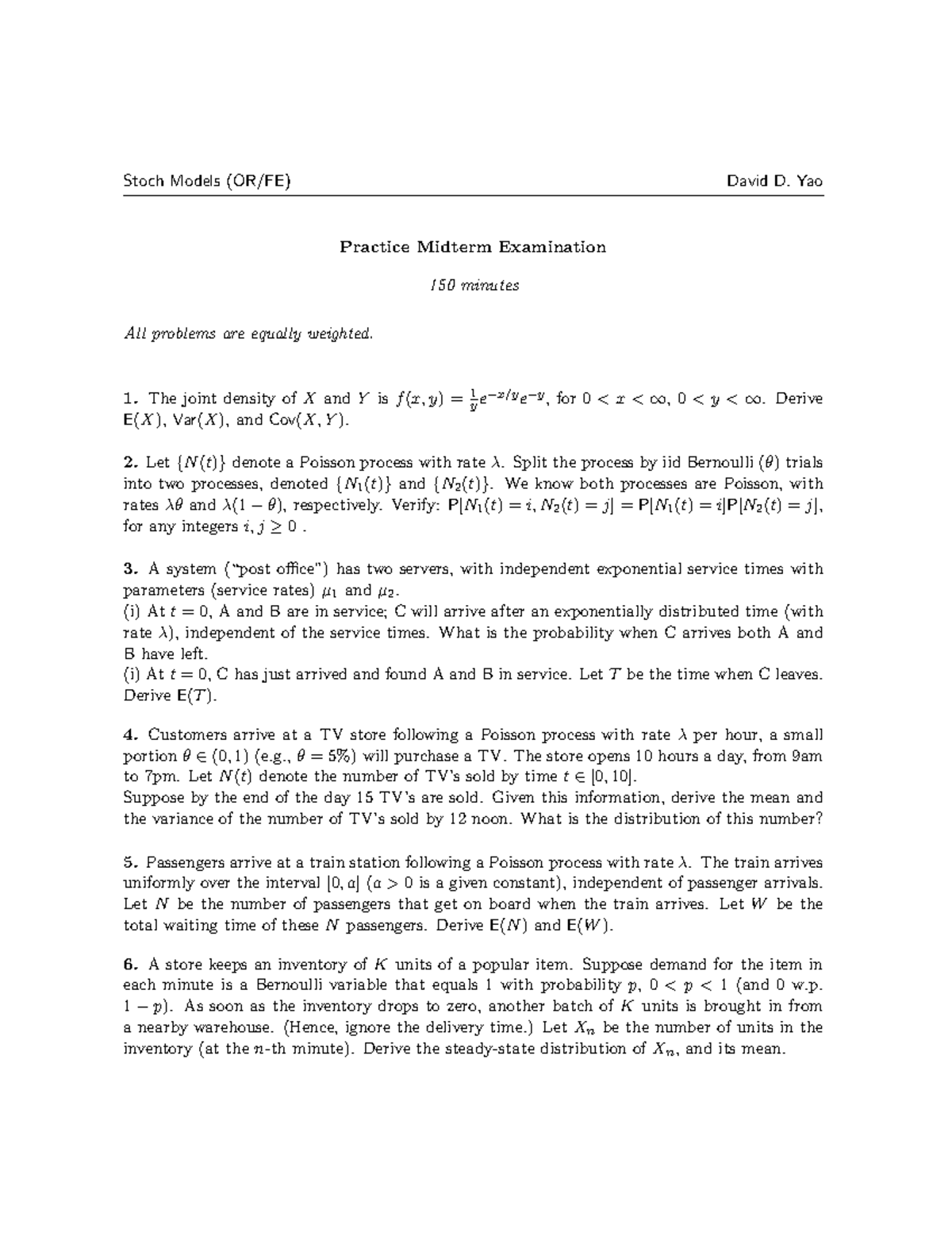 Stochastic Models (OR/FE) Practice Midterm Exam Review - Studocu