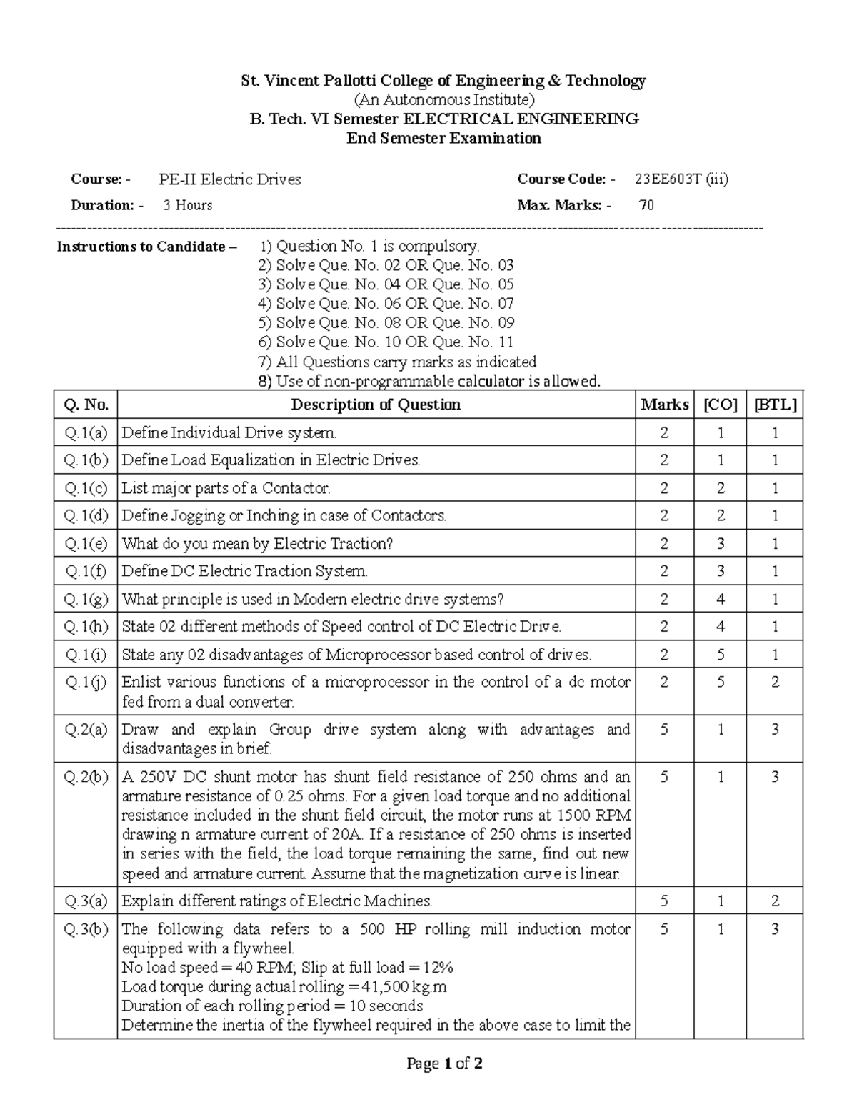 ESE Question Paper for Electric Drives 23EE603T - B. Tech VI Sem - Studocu