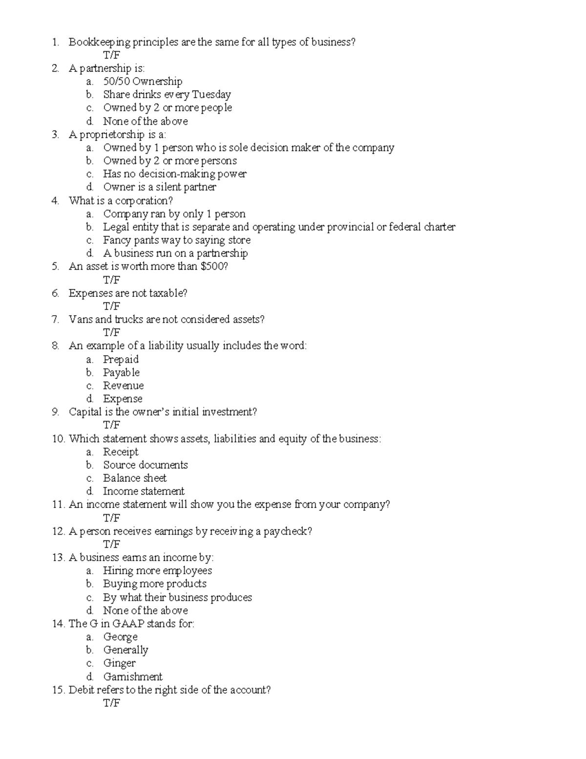 Basic Accounting questions with no answers - Bookkeeping principles are ...