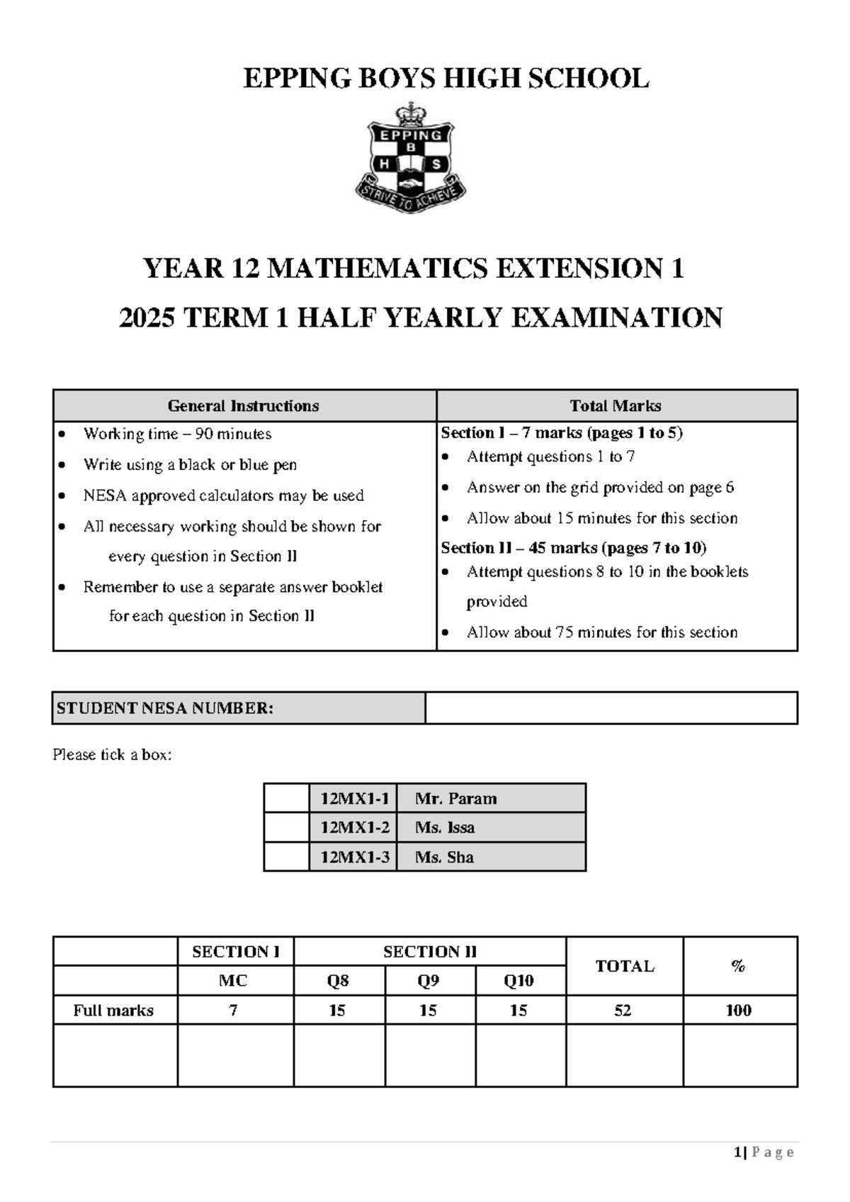 2025 EPPING BOYS HS Yr 12 Math Ext 1 T1 Half-Yearly Exam - Studocu