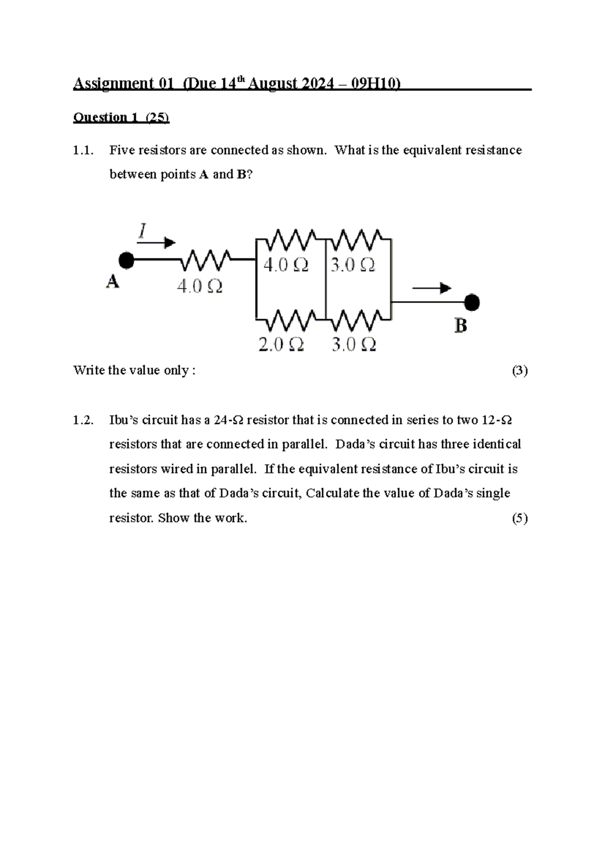 MPHS012 - Assignment 01: Circuit Analysis & Resistor Calculations - Studocu