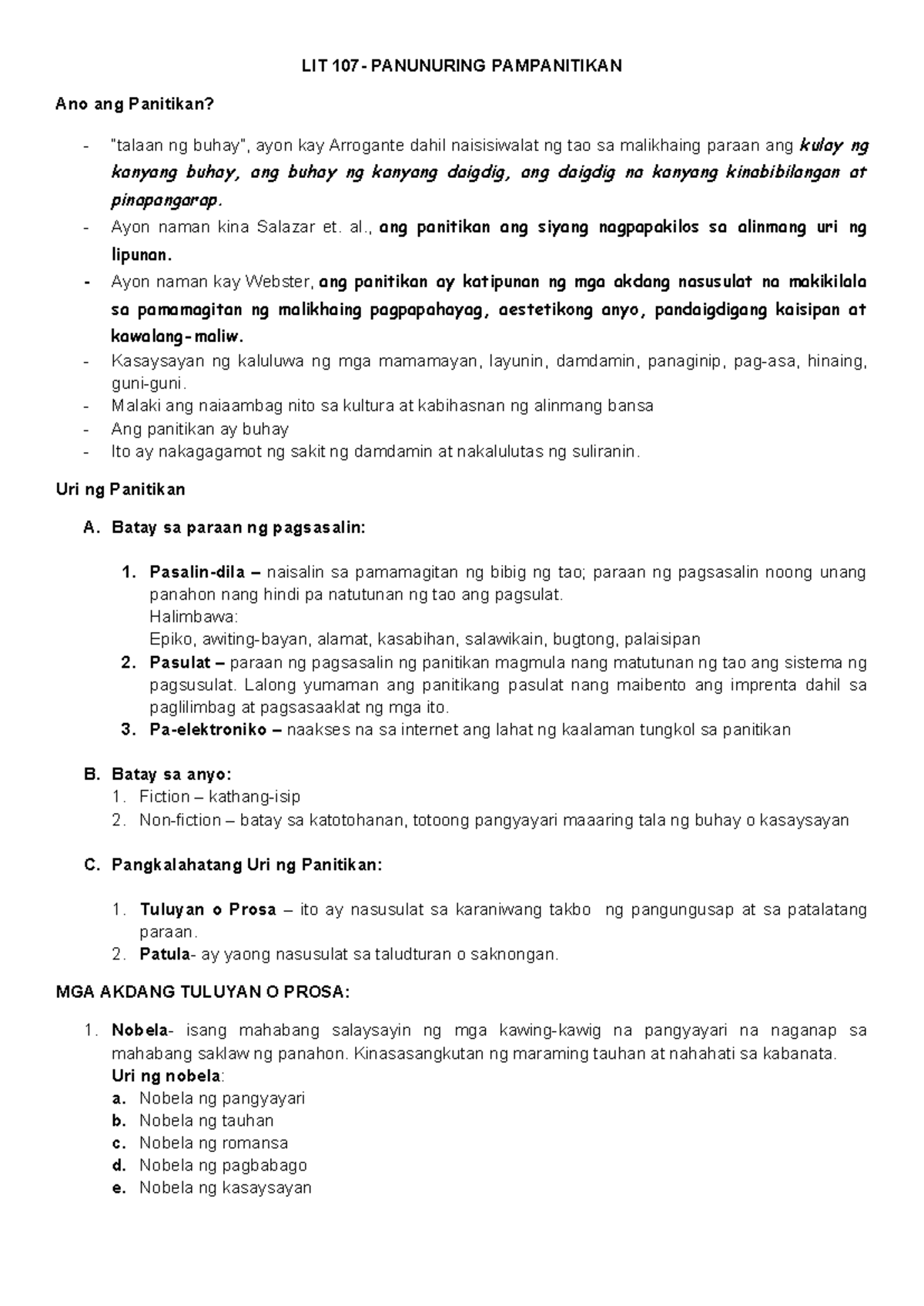 LIT-107 Lecture Notes on Panitikan: Understanding Literature in the ...
