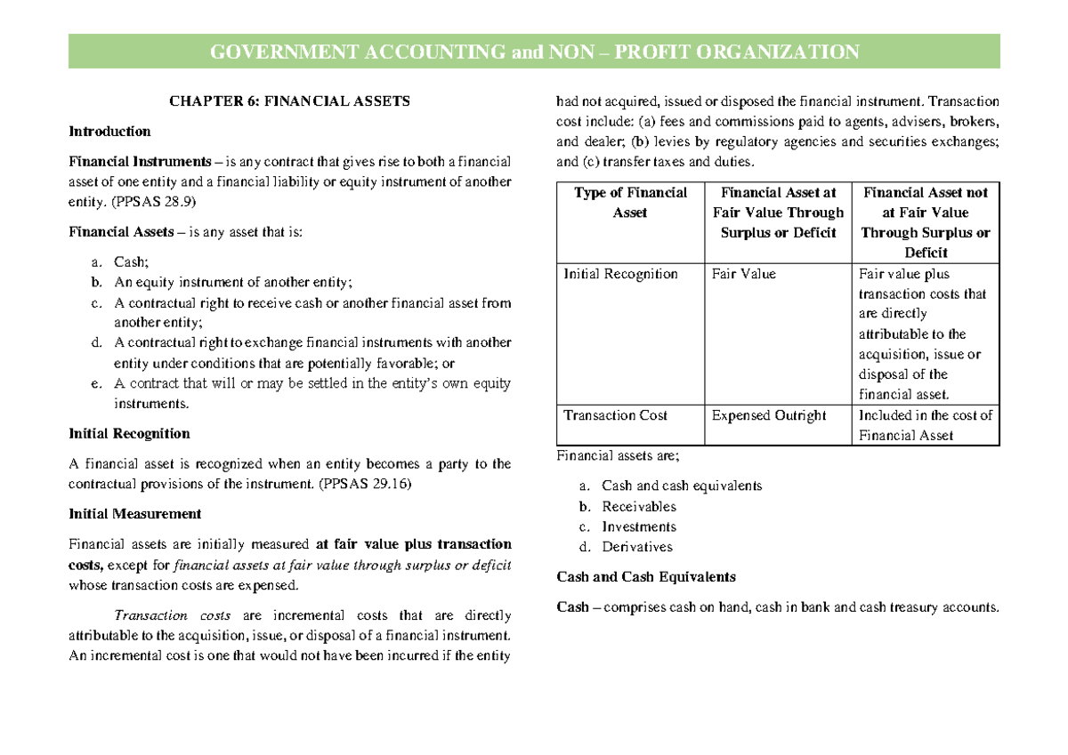 Chapter 6 - Financial Assets Overview and Key Concepts Handouts - Studocu