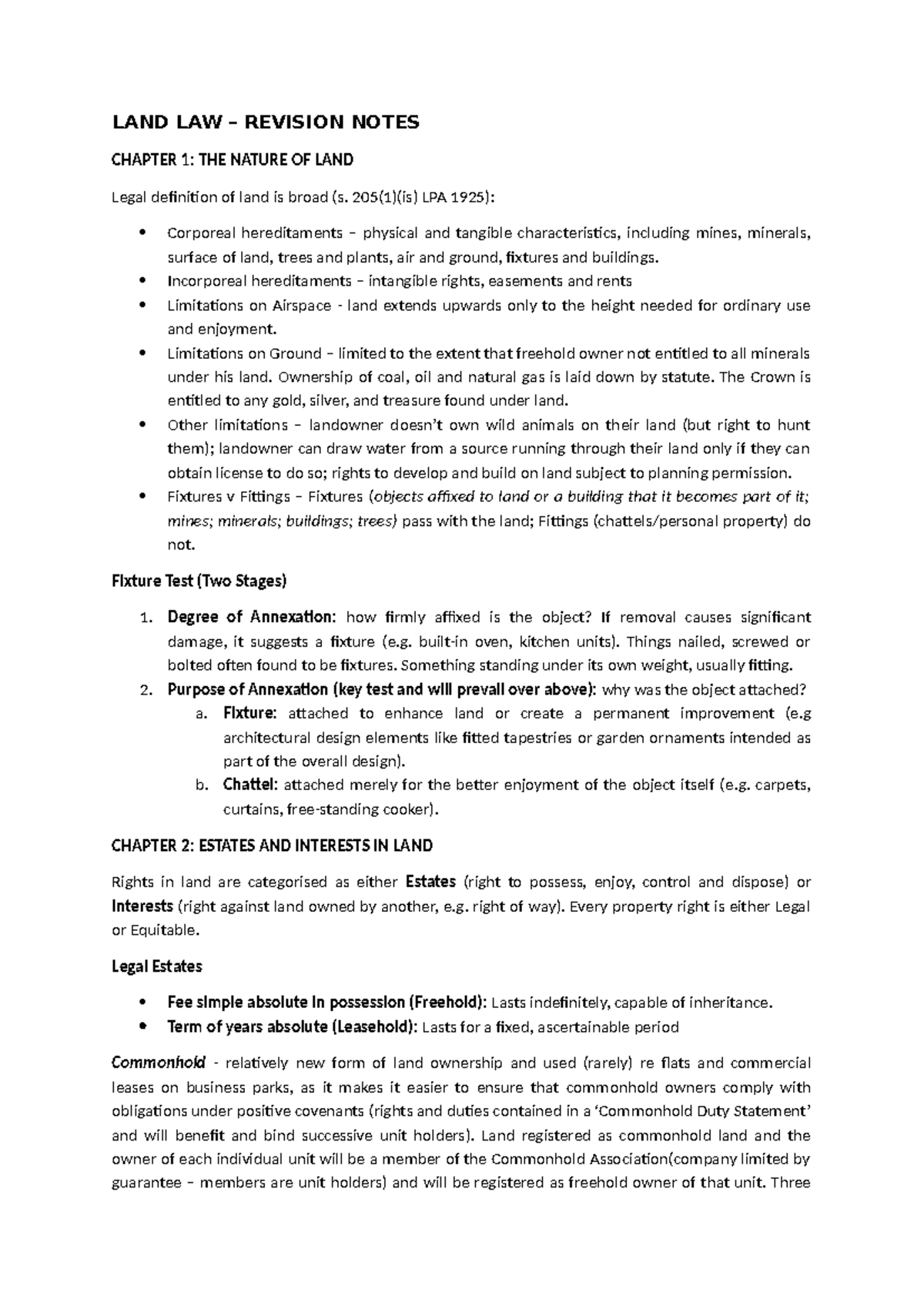LAND LAW REVISION NOTES: CHAPTER 1-5 OVERVIEW AND KEY CONCEPTS - Studocu