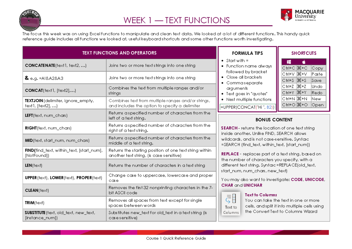 C1 WEEK 1: Excel Text Functions Quick Reference Guide - Studocu