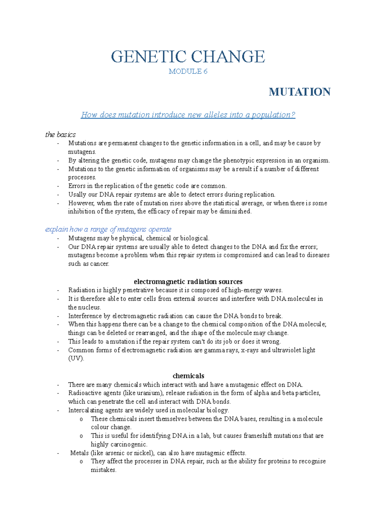 Biology - MOD 6 - Mutation and Genetic Variation in Populations - Studocu