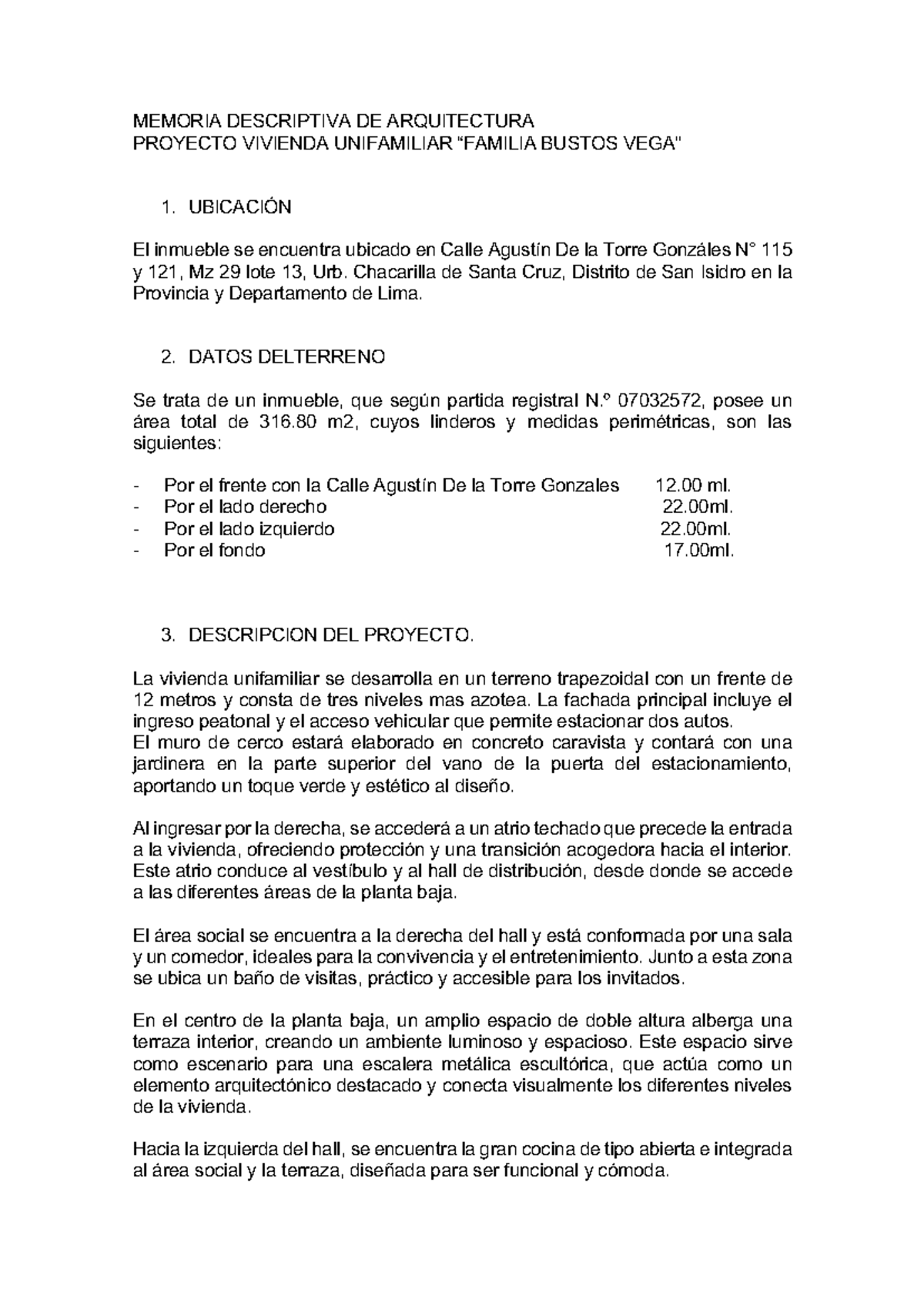 Memoria Descriptiva Proyecto Vivienda Unifamiliar 2024 - Studocu