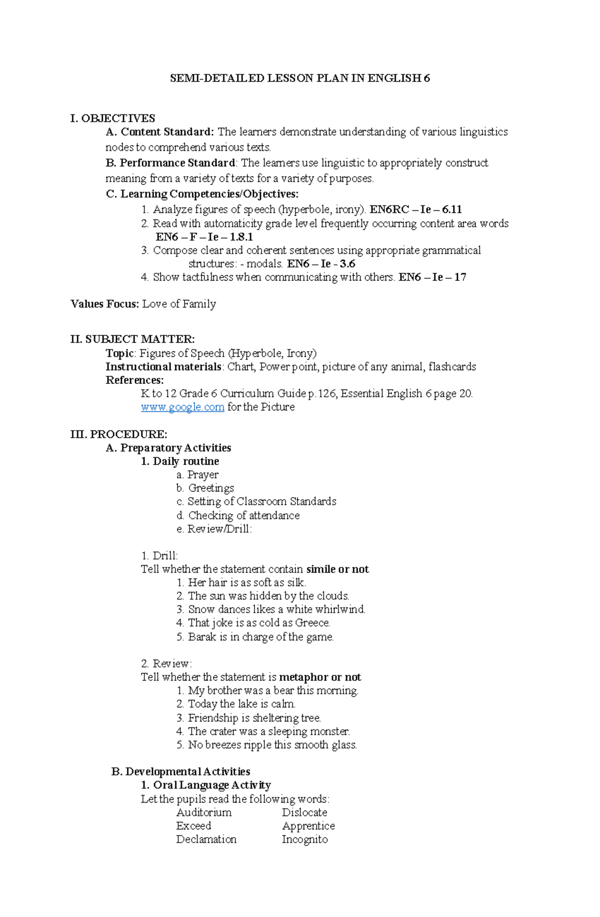 LP EN6 TEE - Semi-Detailed Lesson Plan on Figures of Speech - Studocu