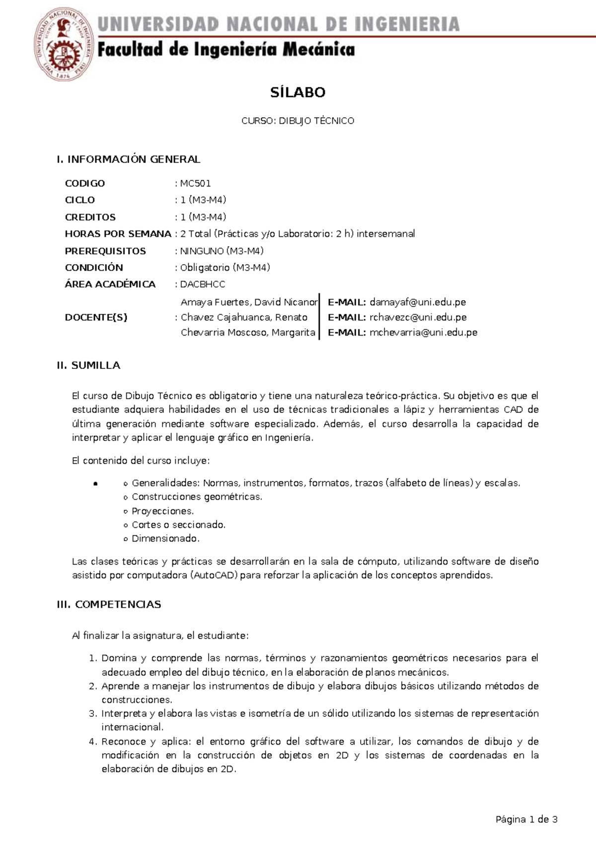 Sílabo MC501: Dibujo Técnico I - Ciclo 1 y Competencias - Document Preview